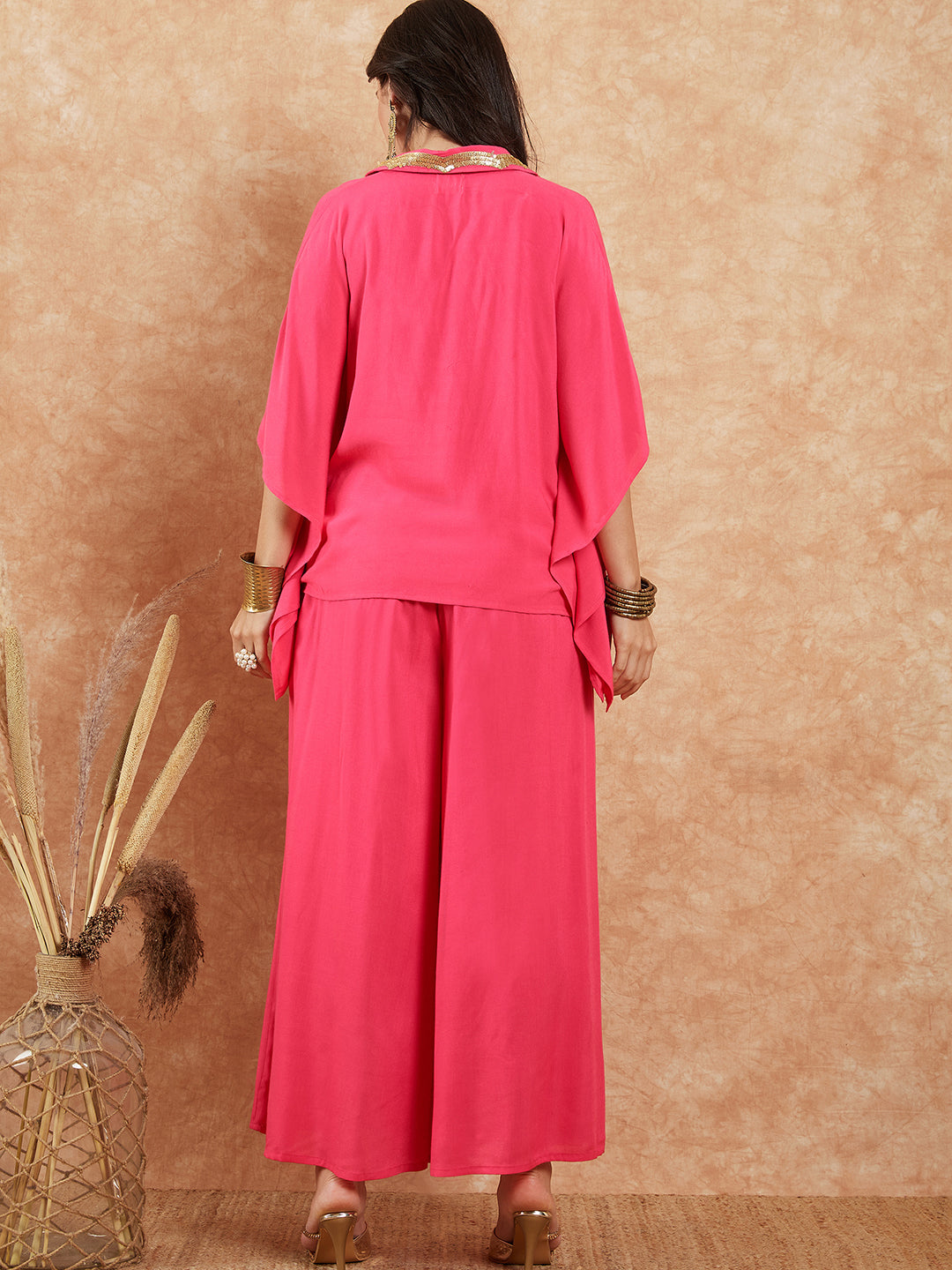InWeave Women's Fuchsia Solid Collar Neck Boho Top Bottom Set