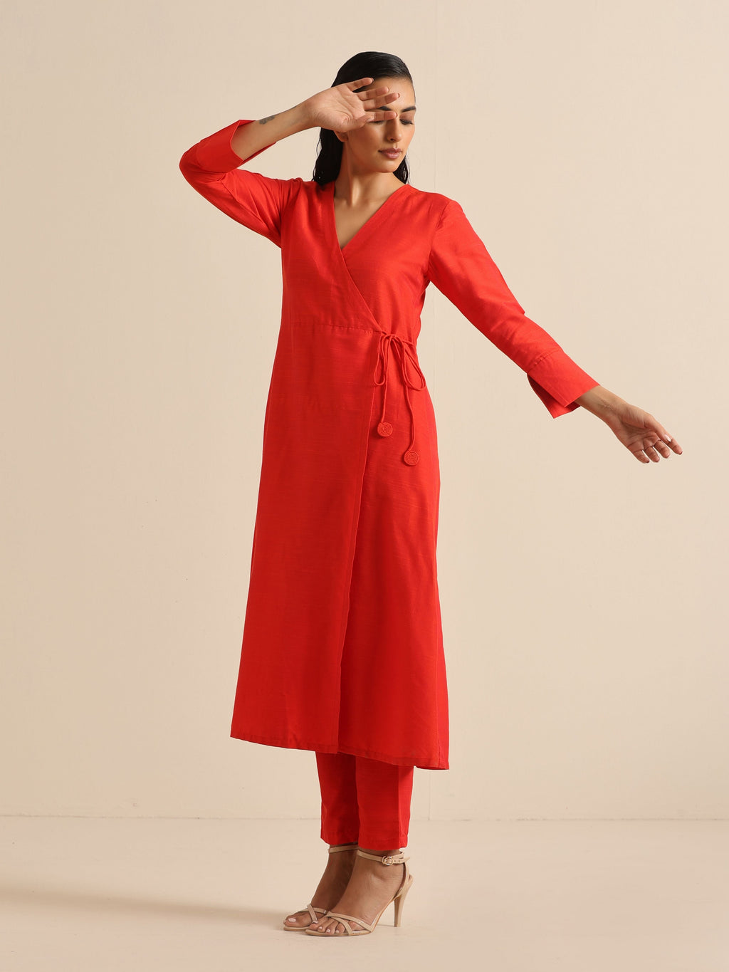 trueBrowns Orange Dupion Blend Angrakha Kurta Pant Set