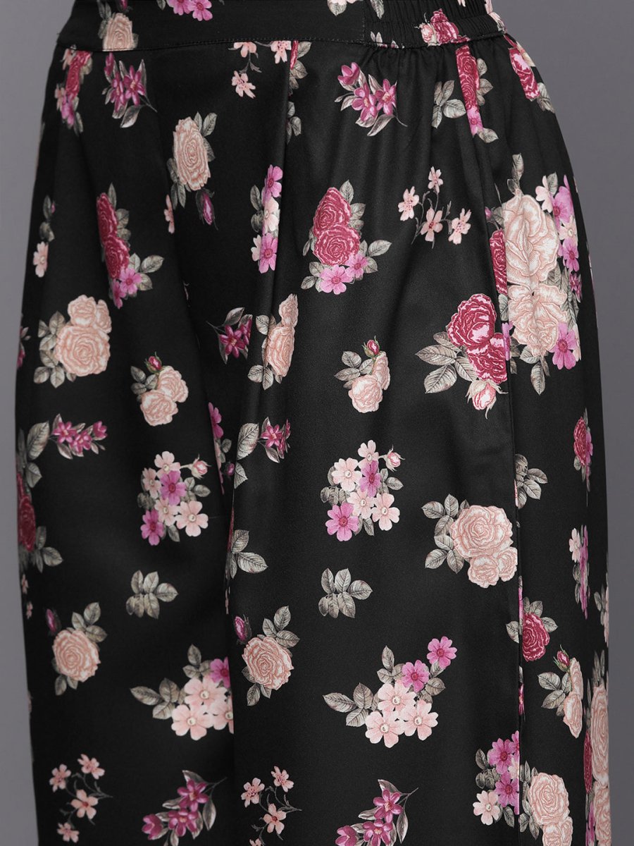 Ahalyaa Women Black Floral Printed Gotta Patti Kurta with Palazzos & With Dupatta