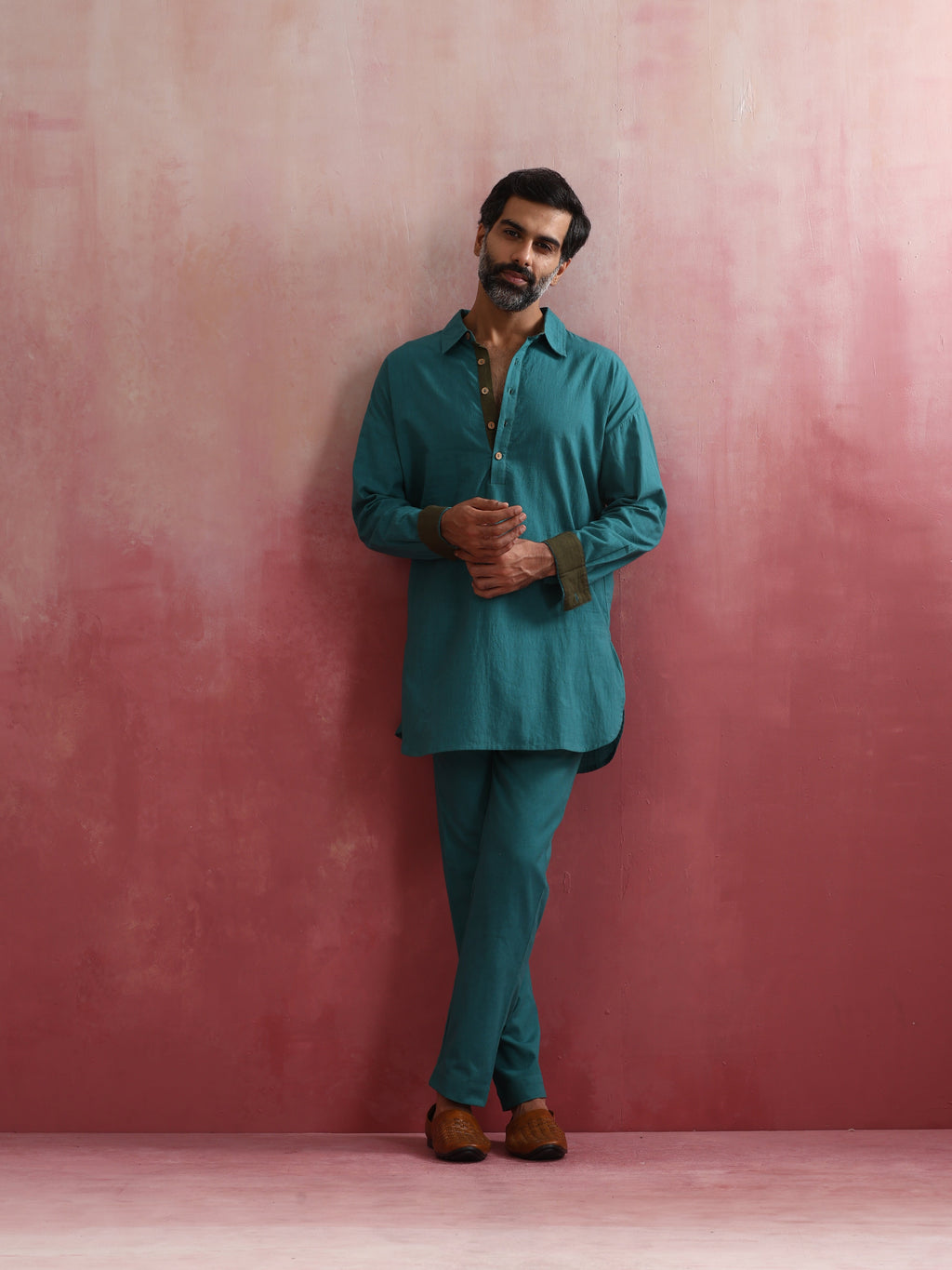 trueBrowns Men's Teal Cotton Shirt Collar Stylized Kurta Co-ord set