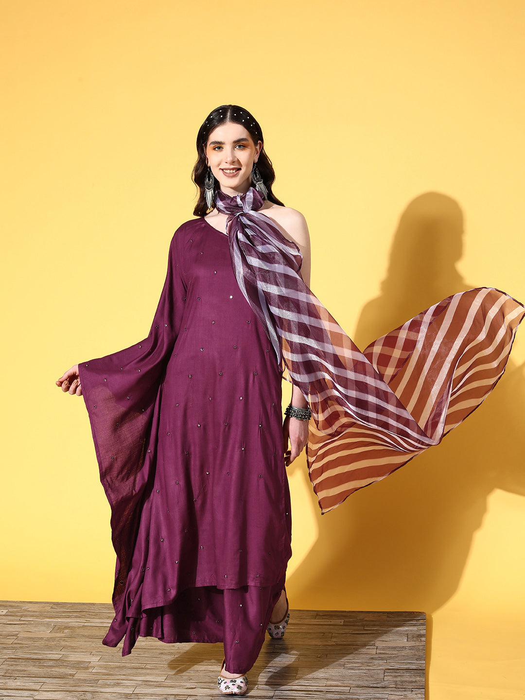 InWeave Women's Wine Mirror Work One Shoulder Kurta Set With Dupatta