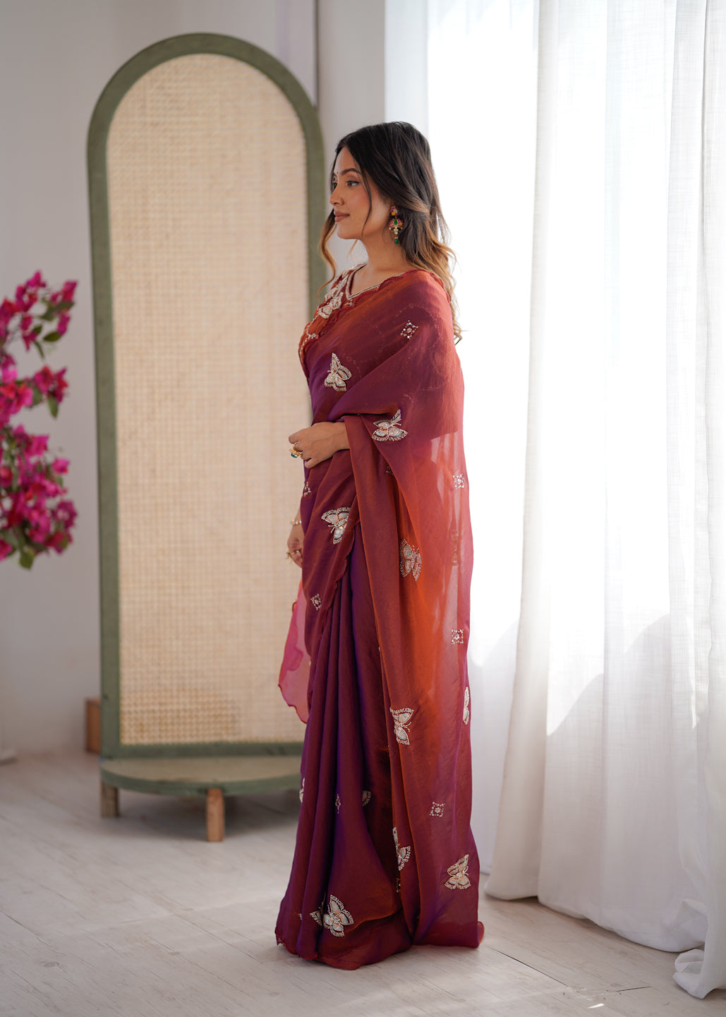 Evanik Rust Mos Silk With Handwork Butterfly Design Saree With Unstitched Blouse