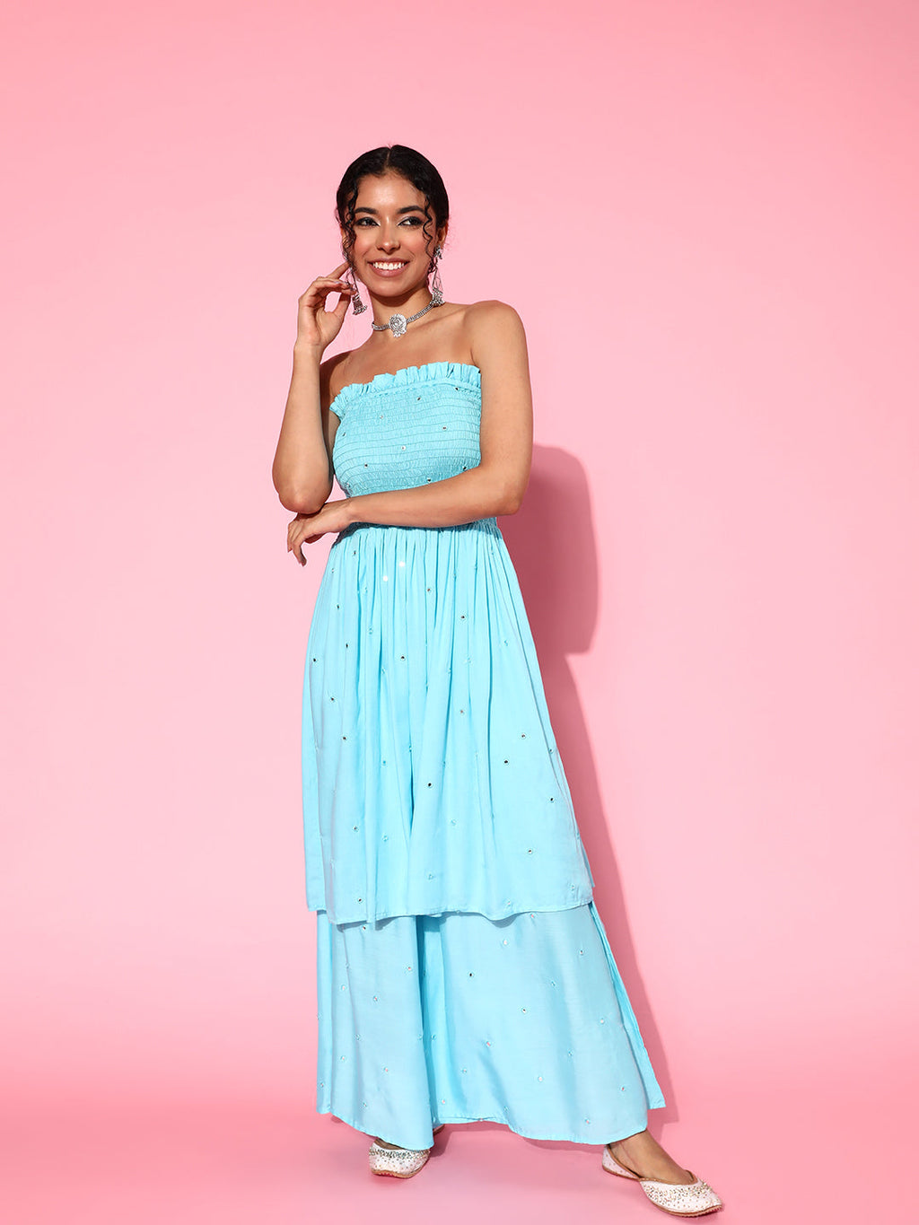InWeave Women's Sky Blue Mirror Work Off Shoulder Kurta Set