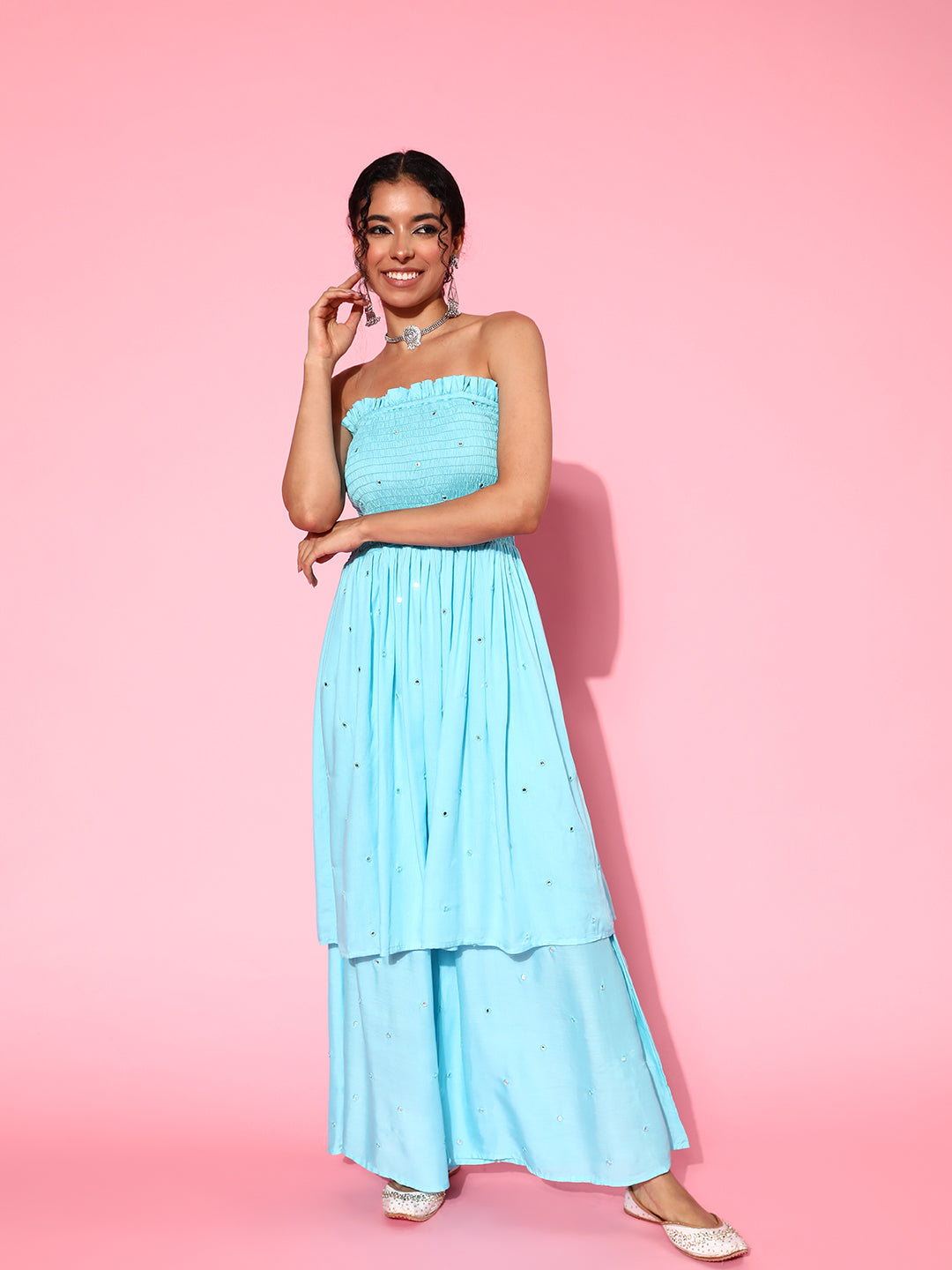 InWeave Women's Sky Blue Mirror Work Off Shoulder Kurta Set