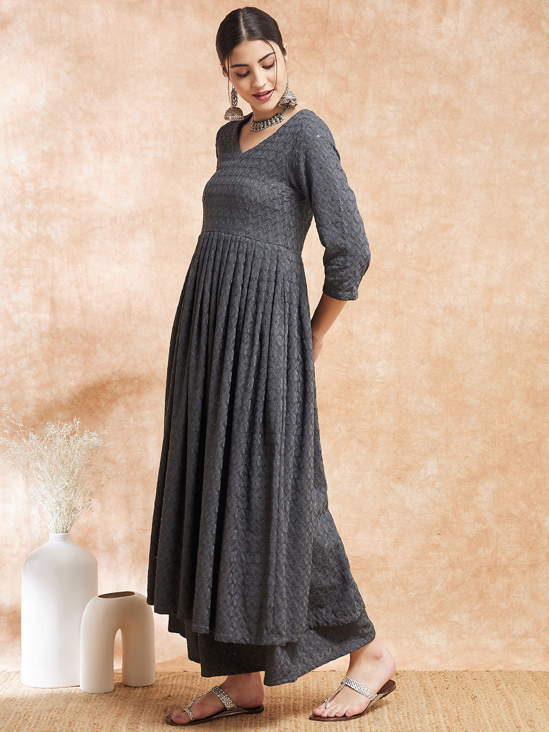 InWeave Women's Grey Chikankari Long Anarkali Kurta Sharara Set