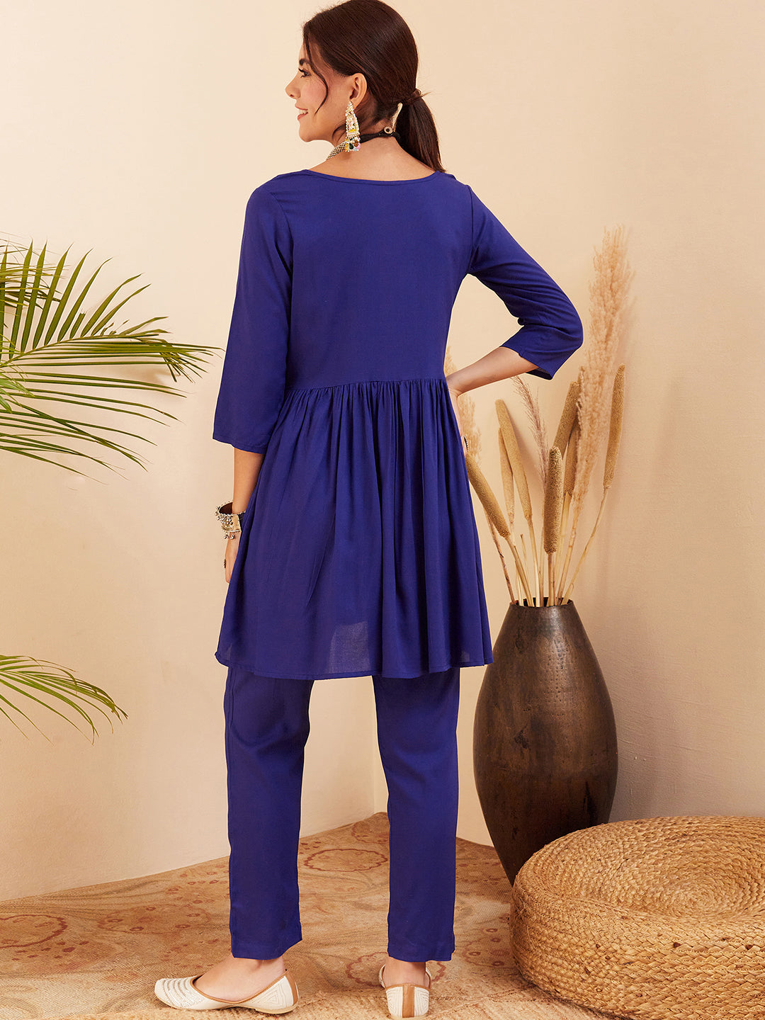 InWeave Women's Blue Round Neck Square Gota Work Kurta Pant Set