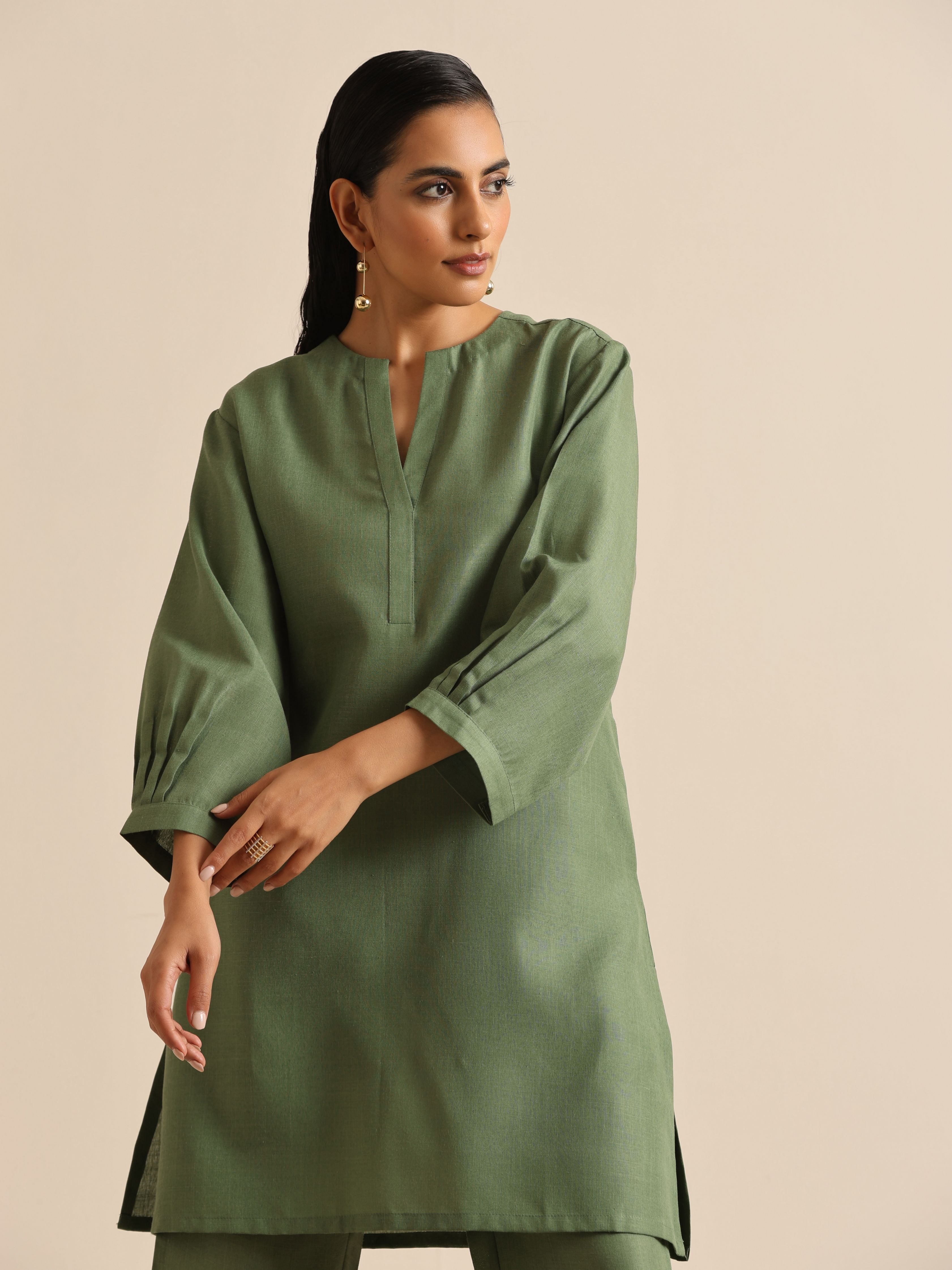 trueBrowns Olive Green Slub Relaxed Placket Co-Ord Set
