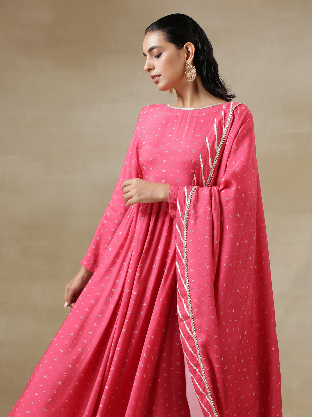 trueBrowns Pink Bandhani Printed Silk Anarkali Kurta Pant Dupatta Set