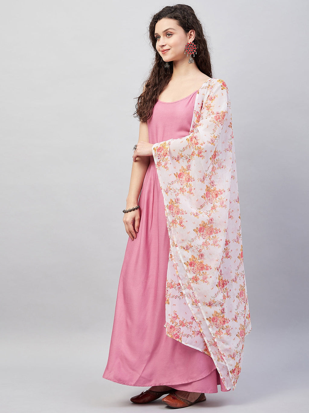 InWeave Women's Light Pink Strappy Set W Cream Orange Print Ge Dupatta
