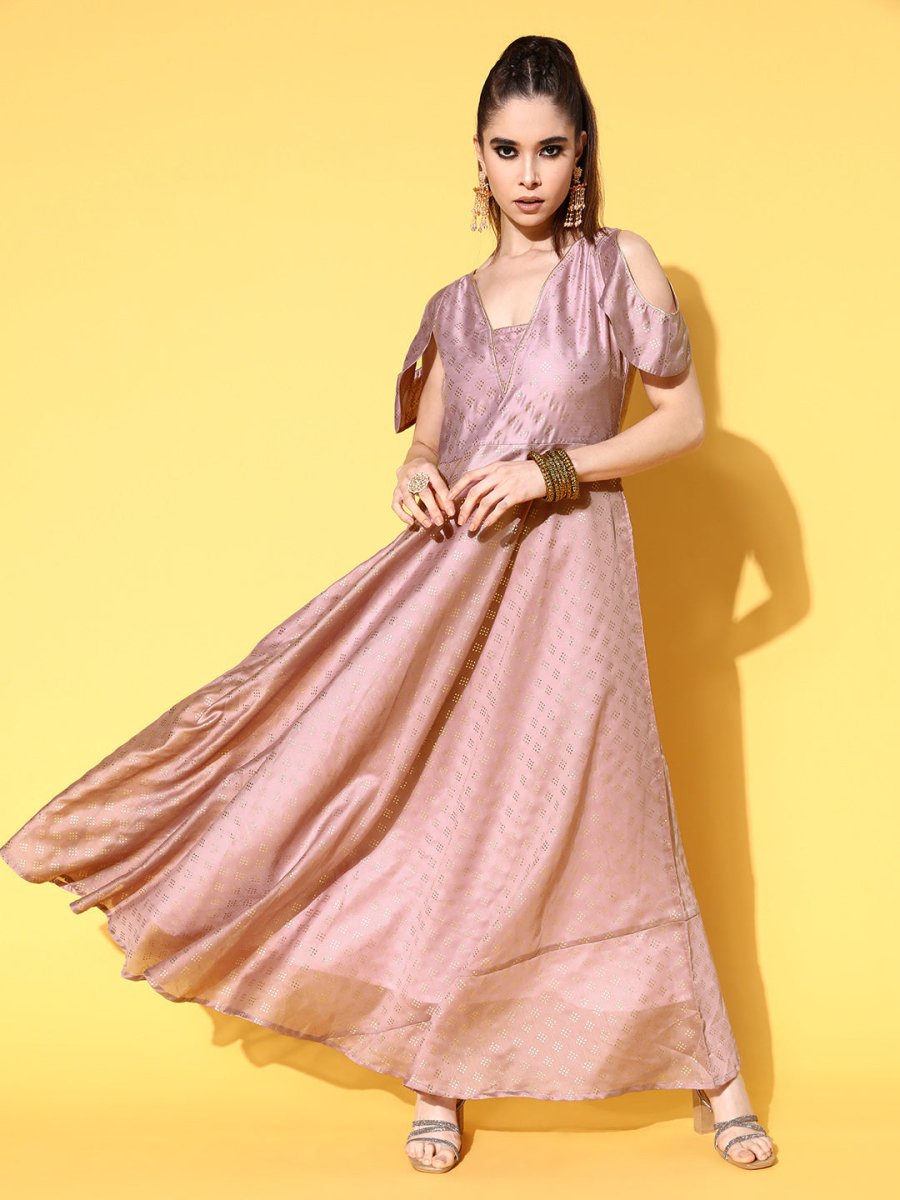 Ahalyaa Chanderi Cold-Shoulders Printed Maxi Ethnic Dress