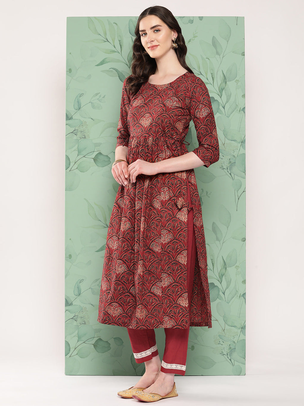 InWeave Women's Long Kurta Set Rust Ajrakh With Green Ajrakh Dupatta