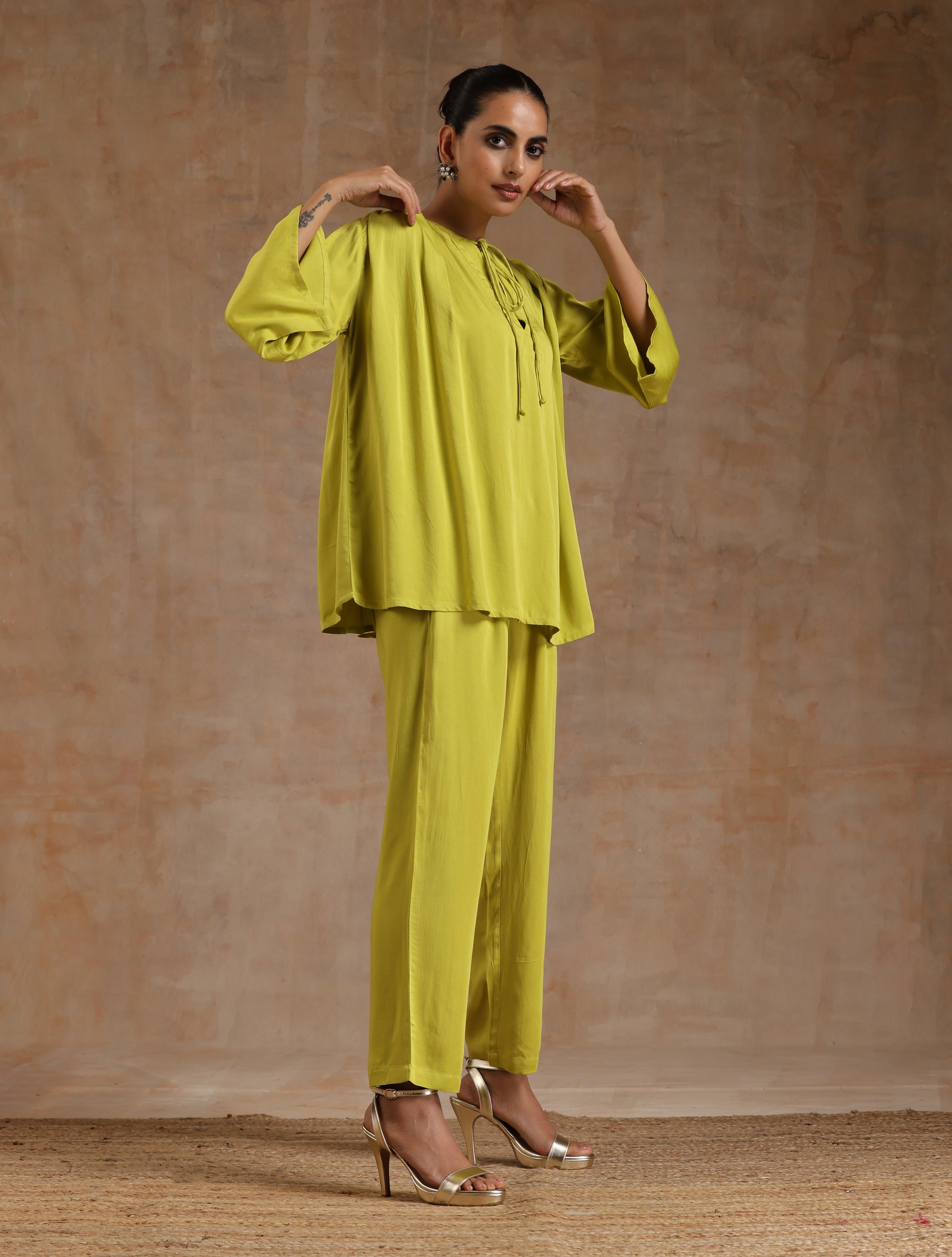 trueBrowns Lime Modal Satin Shoulder Pleat Co-Ord Set