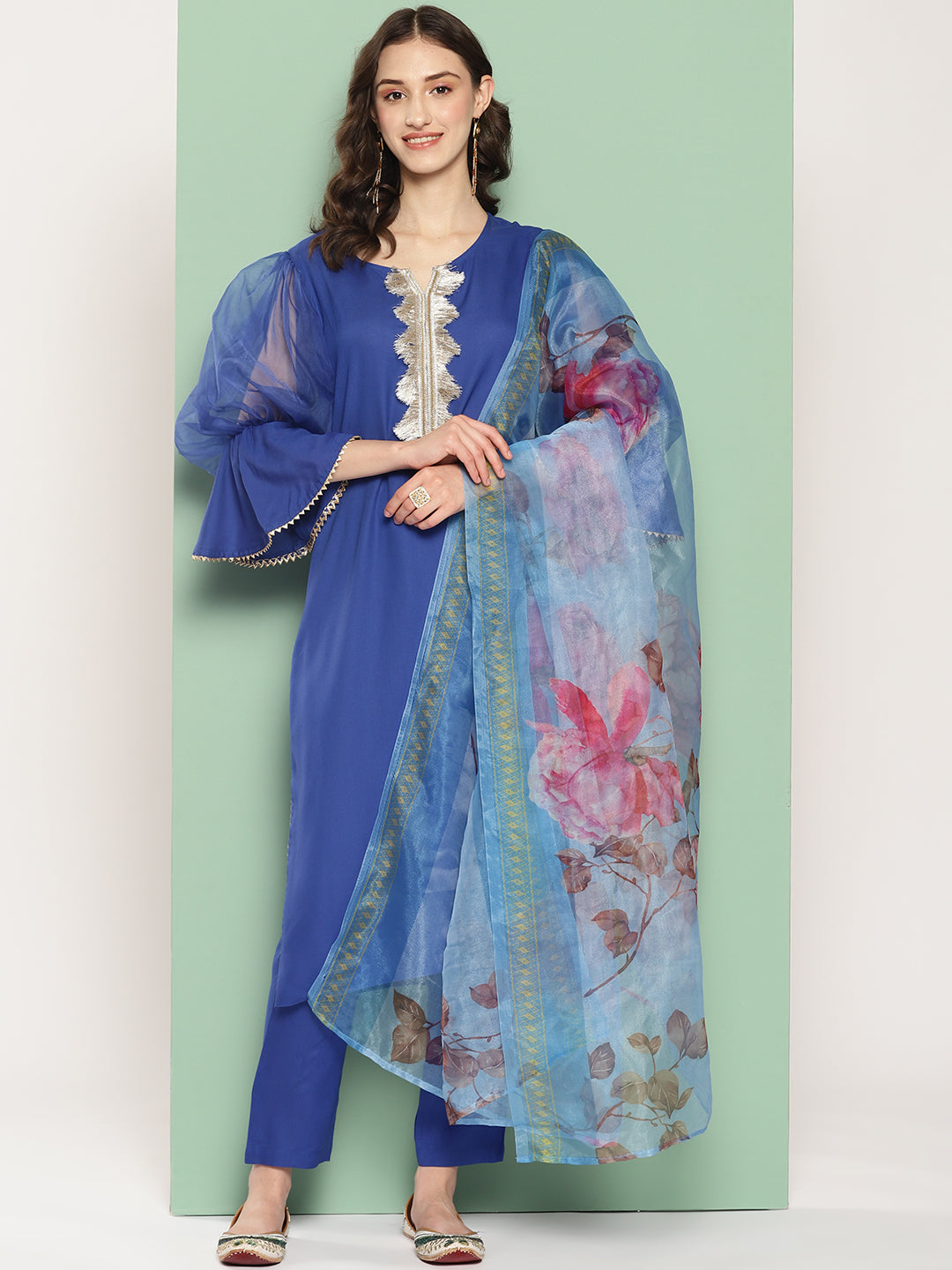InWeave Women's Ink Blue Organza Sleeve Kurta Set W Blue Fuchsia Or Dupatta