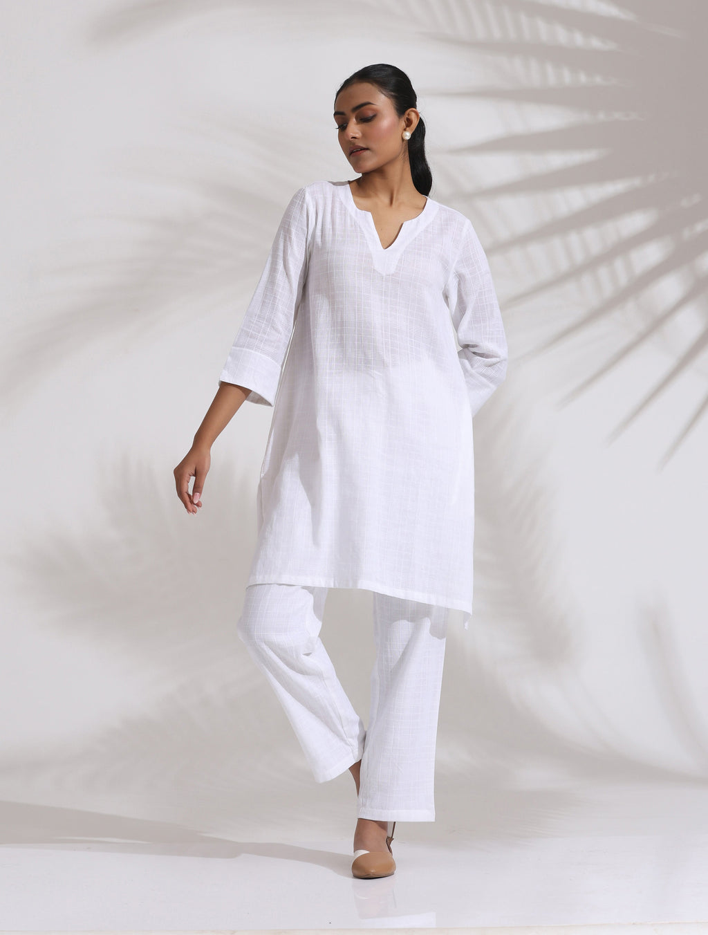 trueBrowns White Cotton Check Kurta Co-ord Set