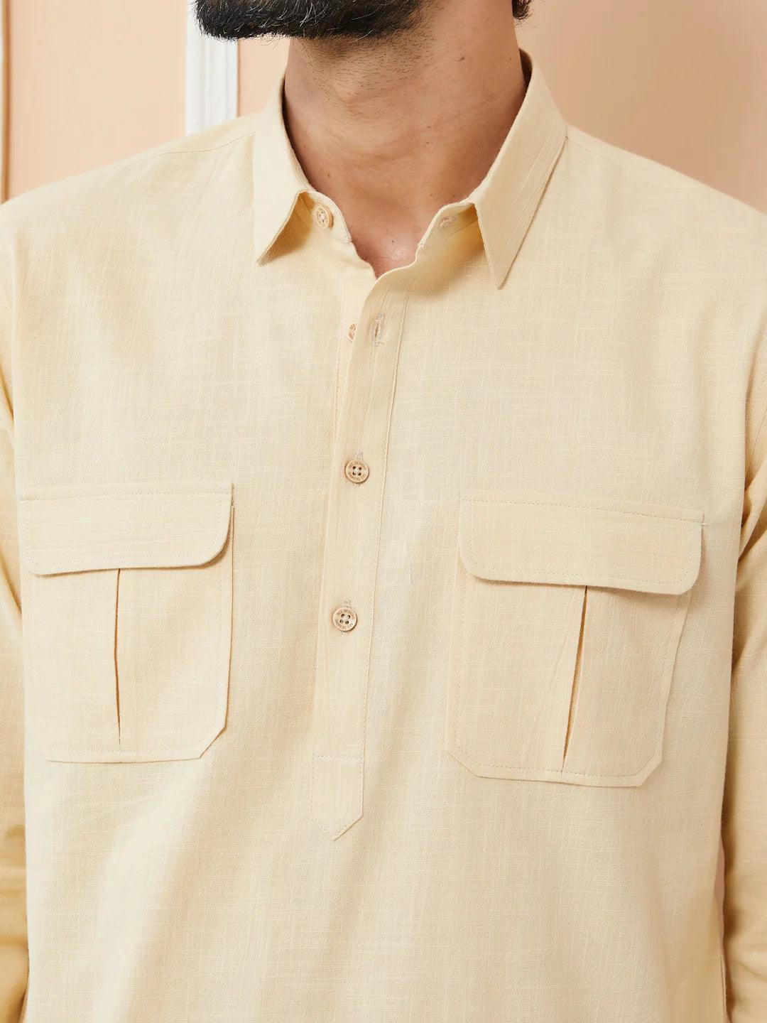 Fabmade Beige Cotton Linen Pathani Kurta With Salwar