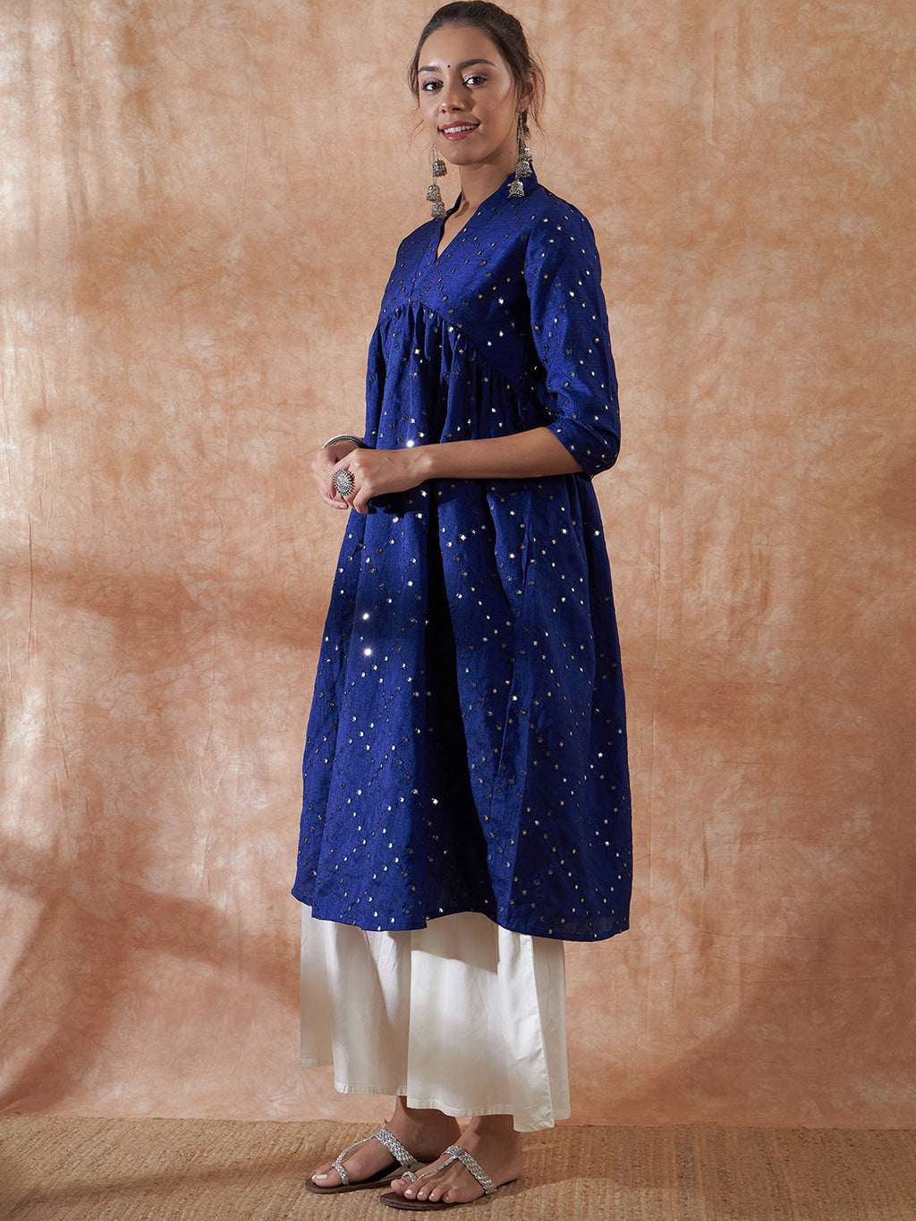 InWeave Women's Blue Mirror Work Flared Kurta