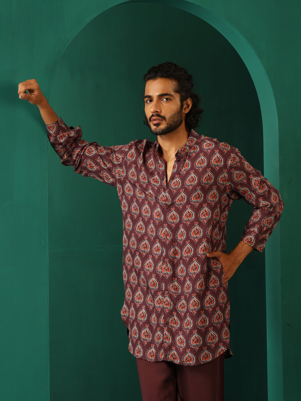 trueBrowns Men's Deep Purple Paan Muslin Silk Printed Co-ord Set