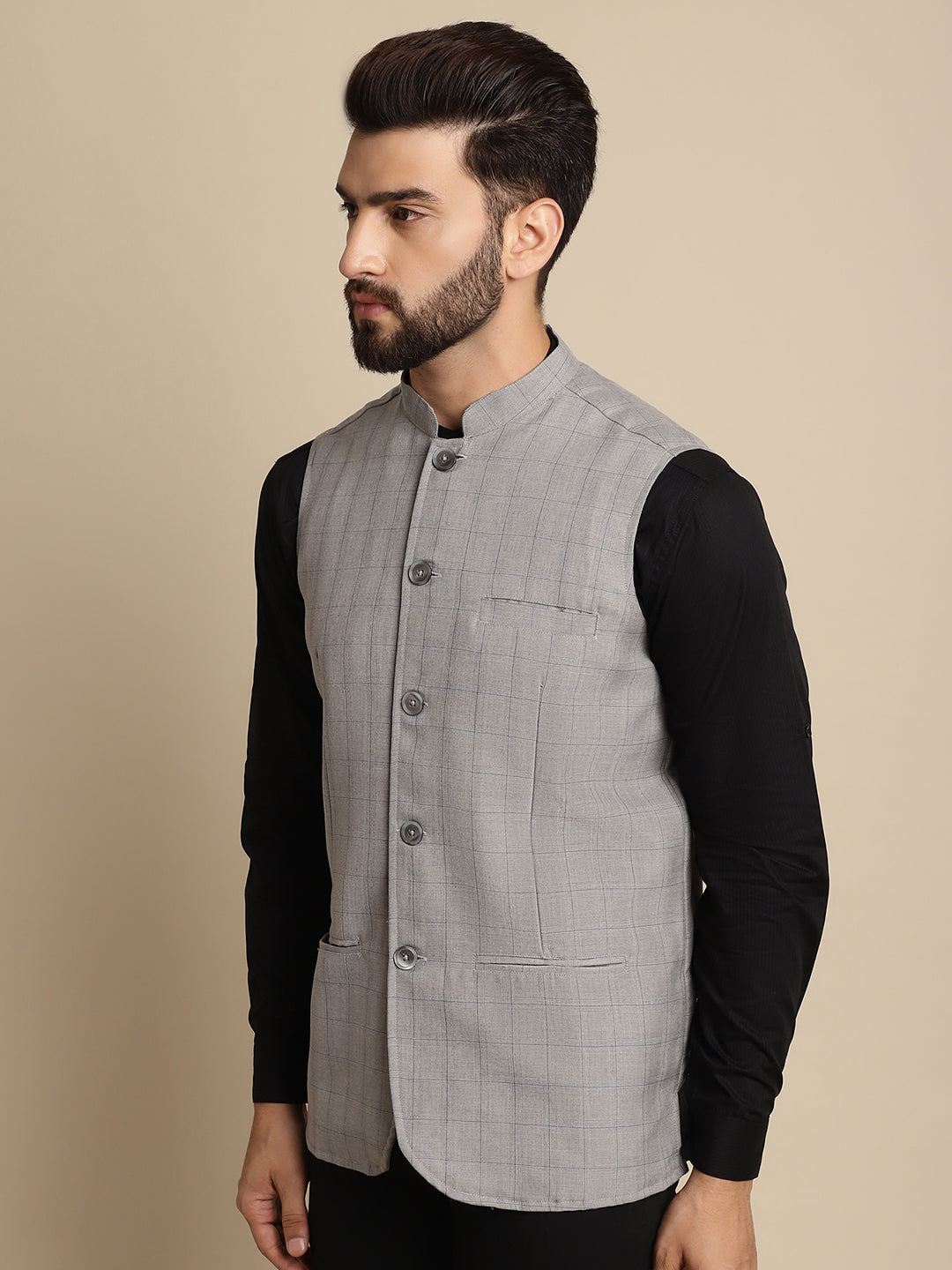 Even Apparels Men's Grey Mandarin Collar Waistcoat
