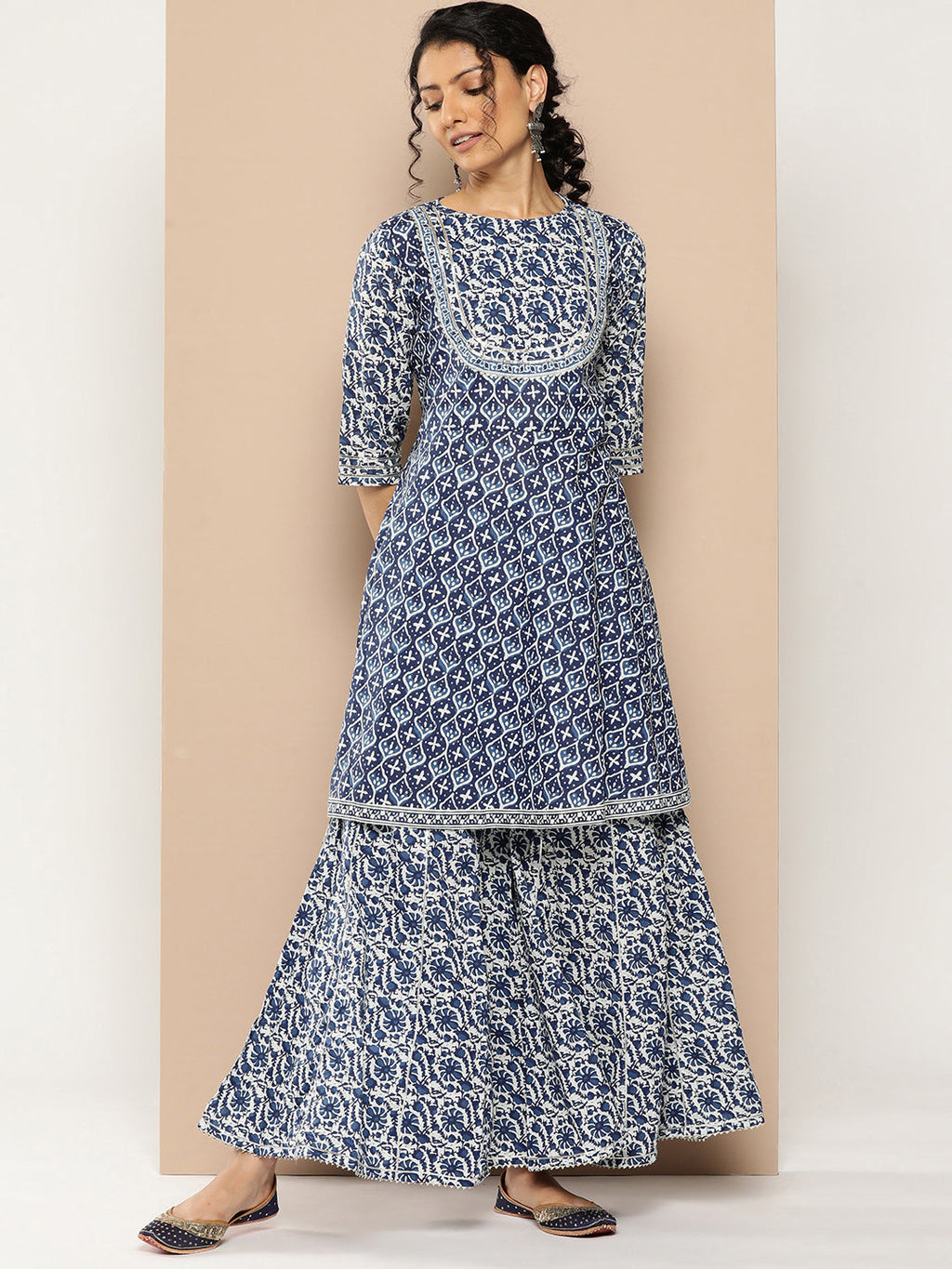 KSUT (House of Varanga) Indigo And White Floral Printed Flared Kurta Sharara Set