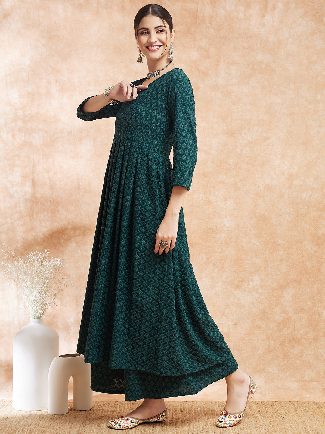 InWeave Women's Forest Green Chikankari Long Anarkali Kurta Sharara Set