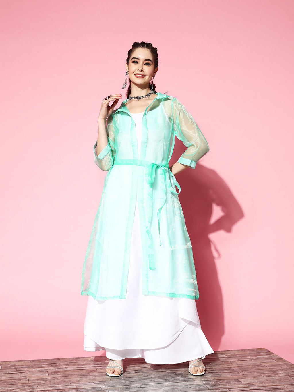 InWeave Women's Cream Strappy Kurta Set With Teal Organza Cape