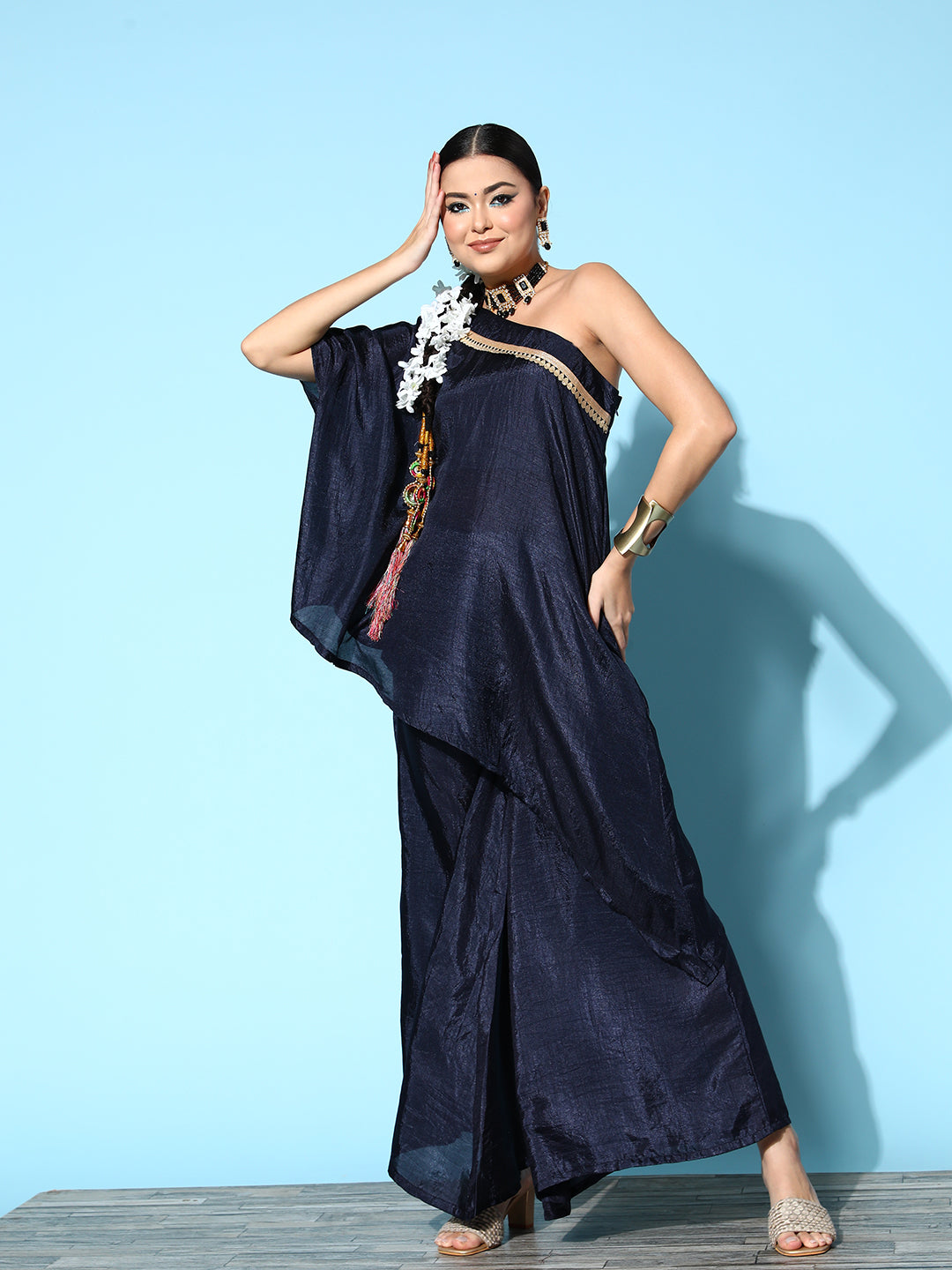 InWeave Women's Navy One Shoulder Kurta Set With Gota Work