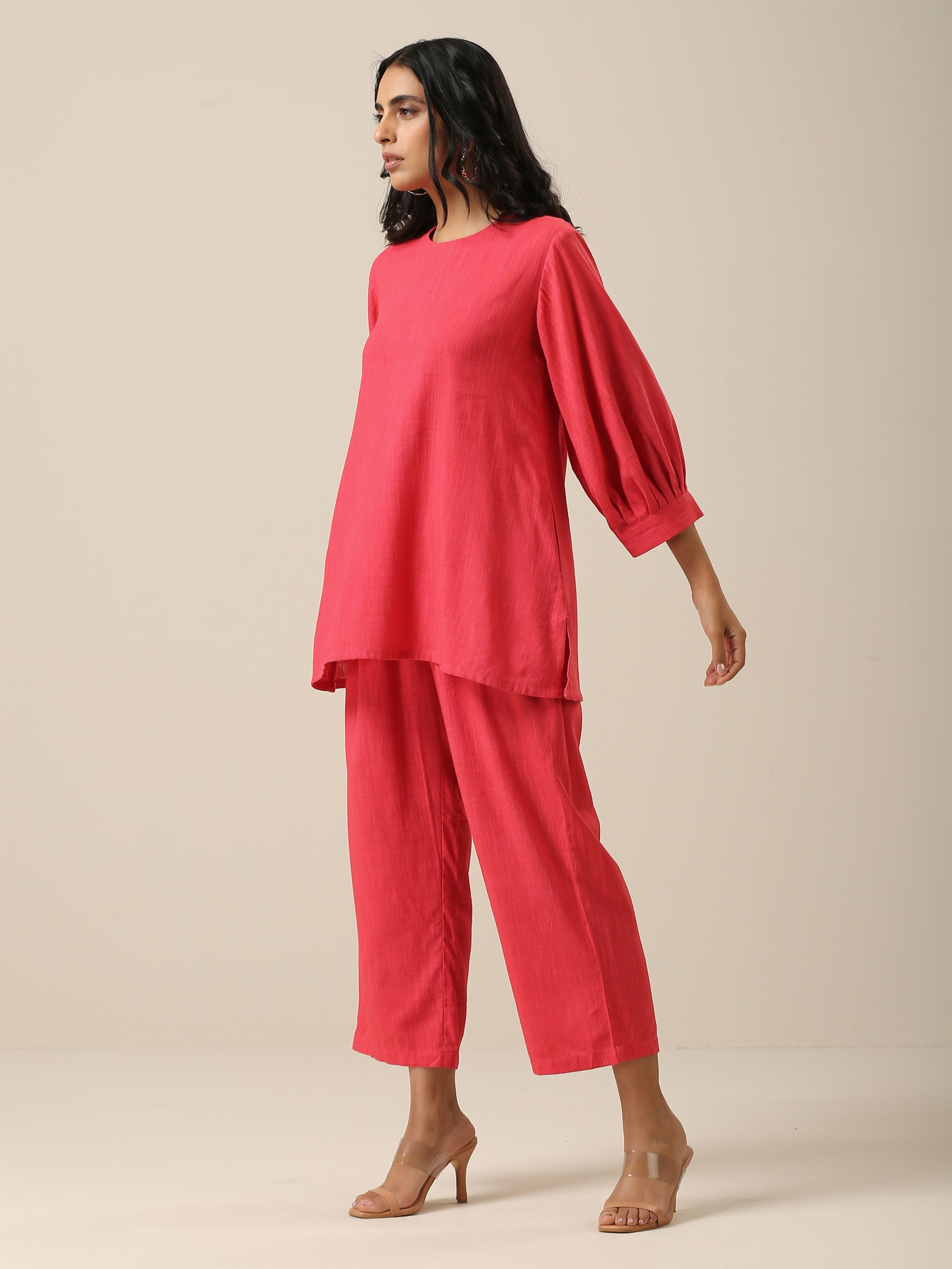 trueBrowns Bright Pink Slub Texture Baggy Sleeve Co-Ord Set