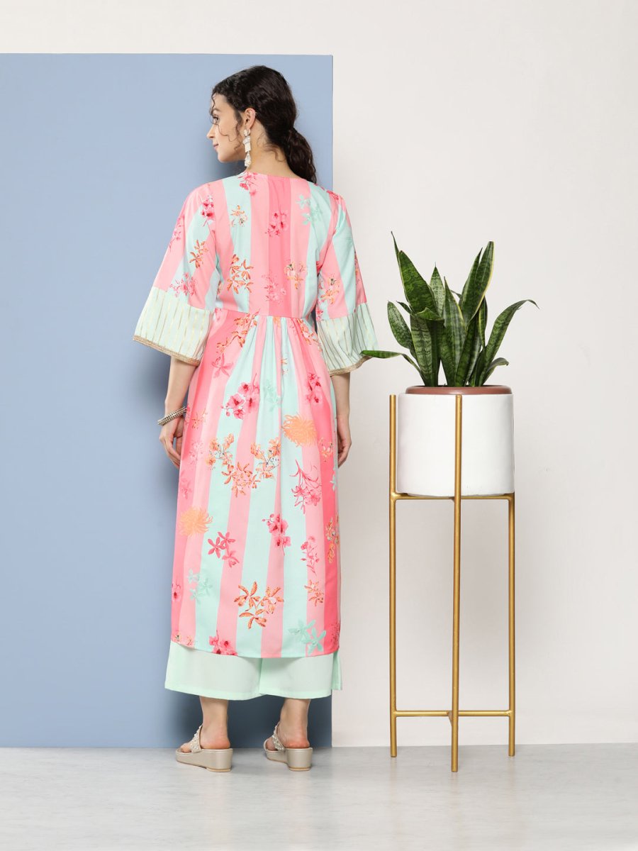 Ahalyaa Women Floral Printed Pleated Gotta Patti Kurta With Palazzos