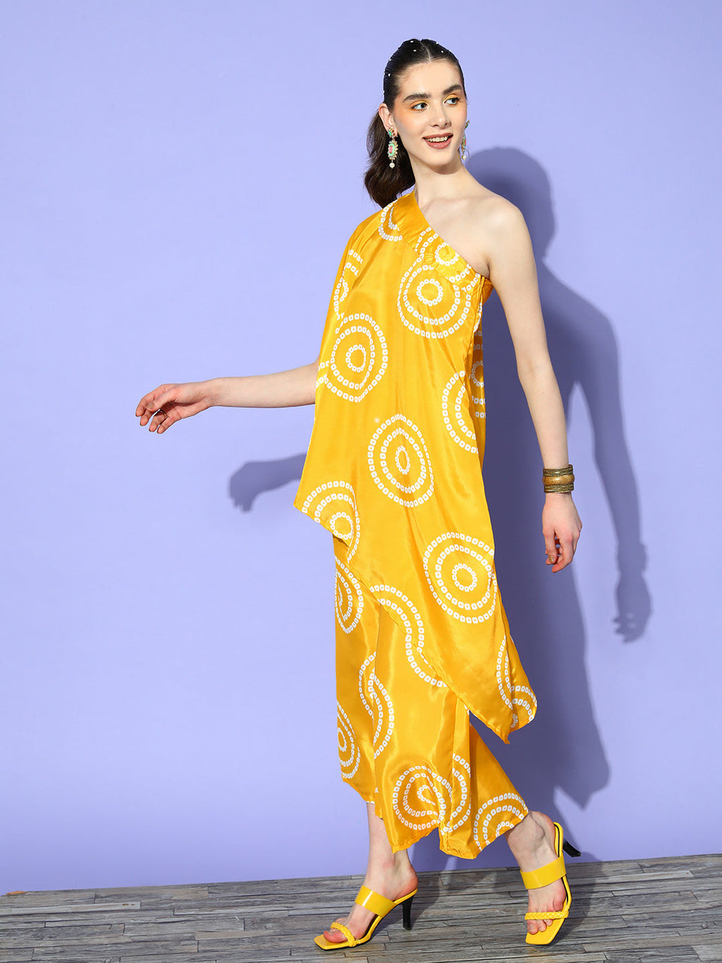 InWeave Women's Yellow Bandhani Motif One Shoulder Palazzo Set