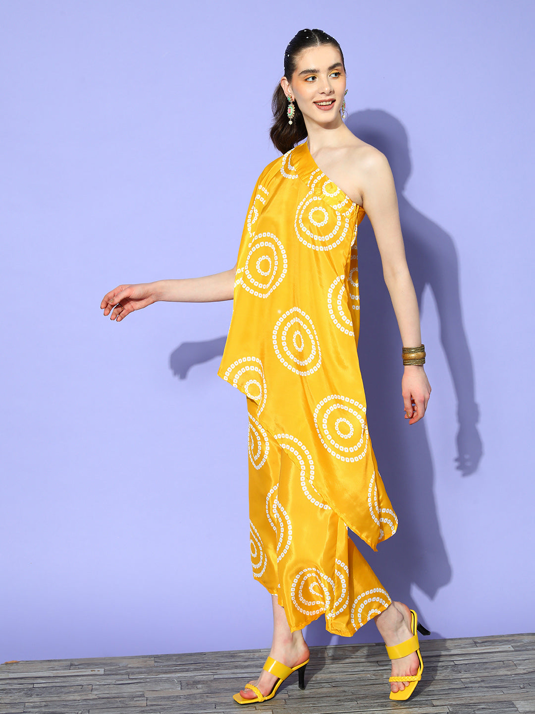 InWeave Women's Yellow Bandhani Motif One Shoulder Palazzo Set