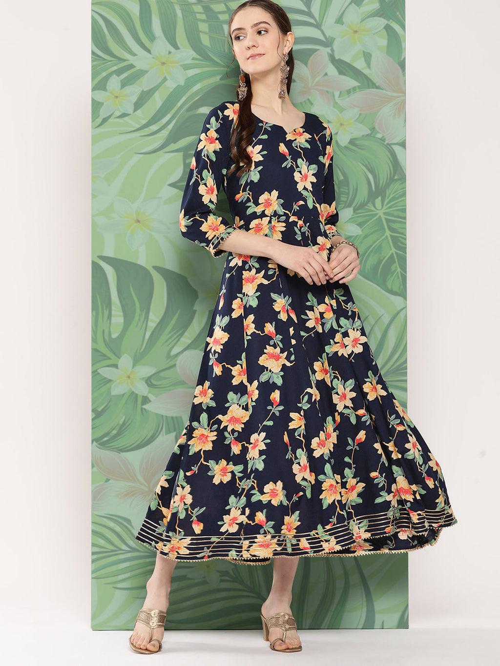 InWeave Women's Black Tropical Print Gota Long Dress