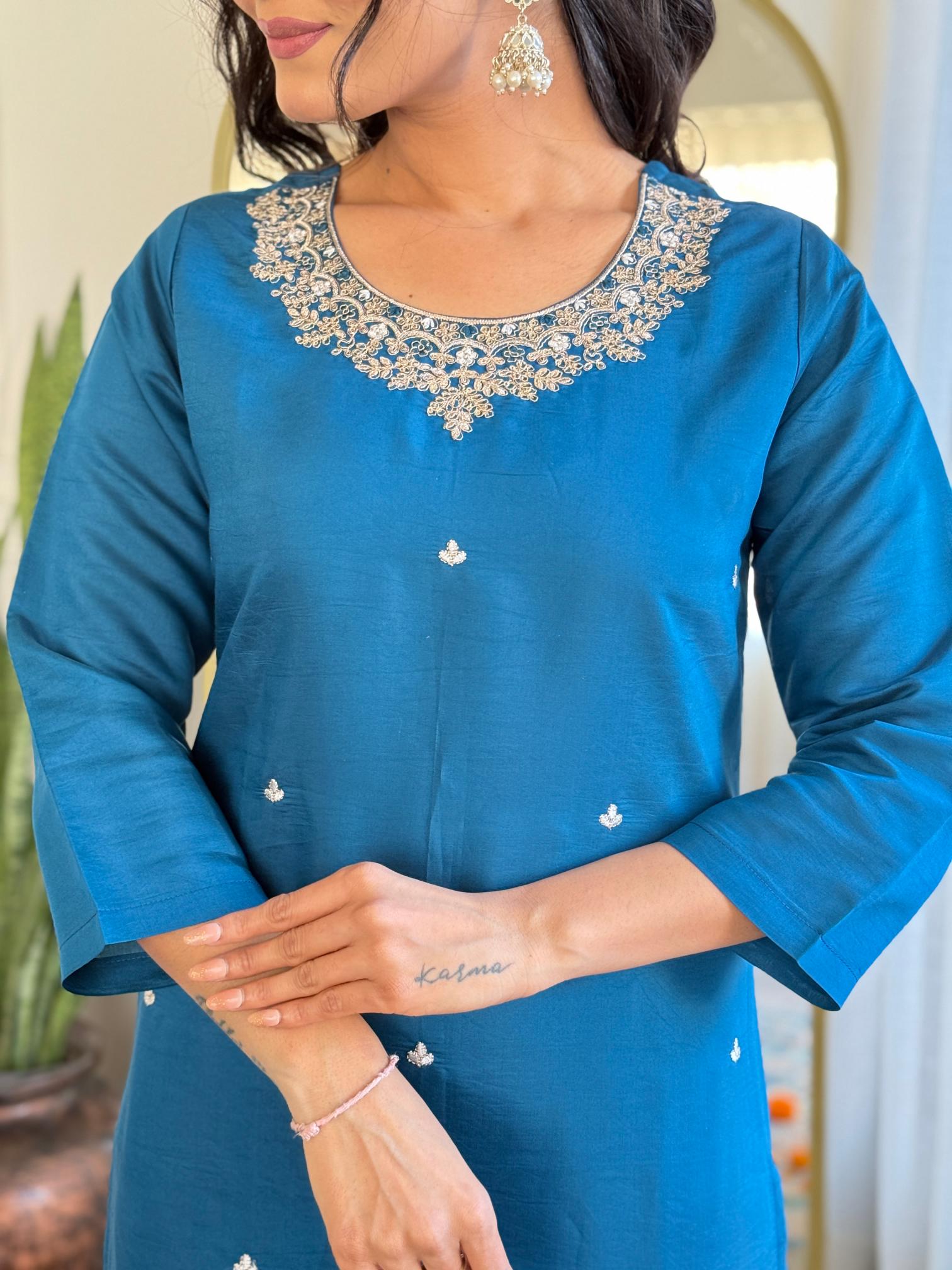 The52 Women's Beautiful Roman Silk Embroidered Straight Kurta with Pant And Dupatta Set
