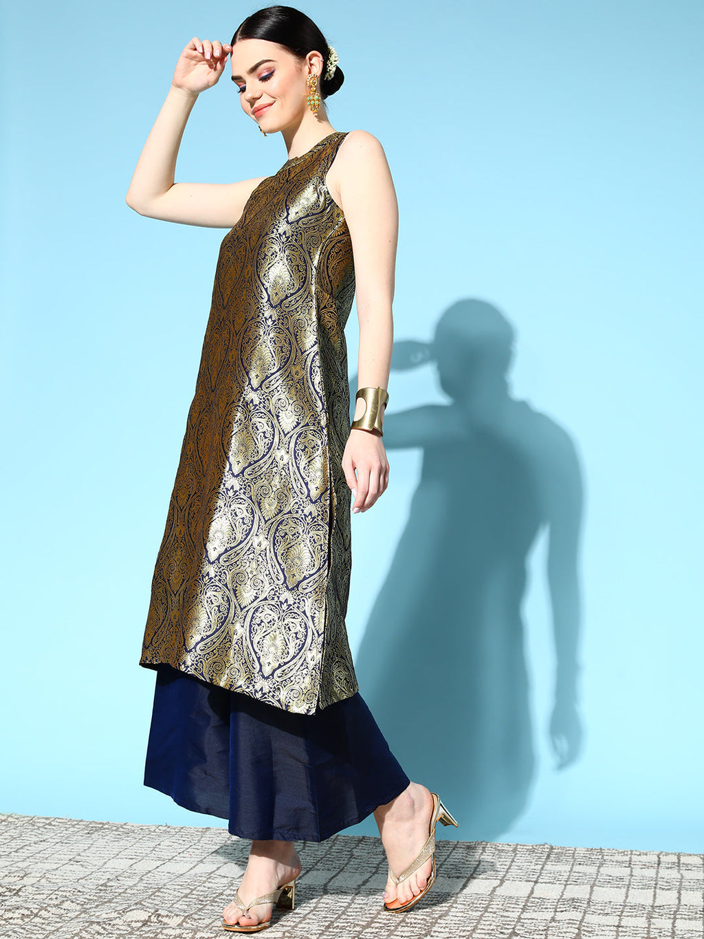 InWeave Women's Blue Banarasi Halter Kurta Set With Golden Dupatta