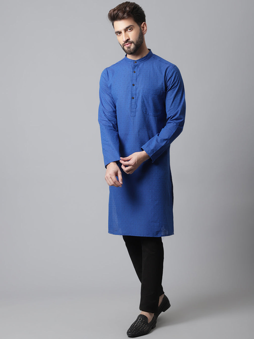 Even Apparels Blue Solid Kurta With Band Collar