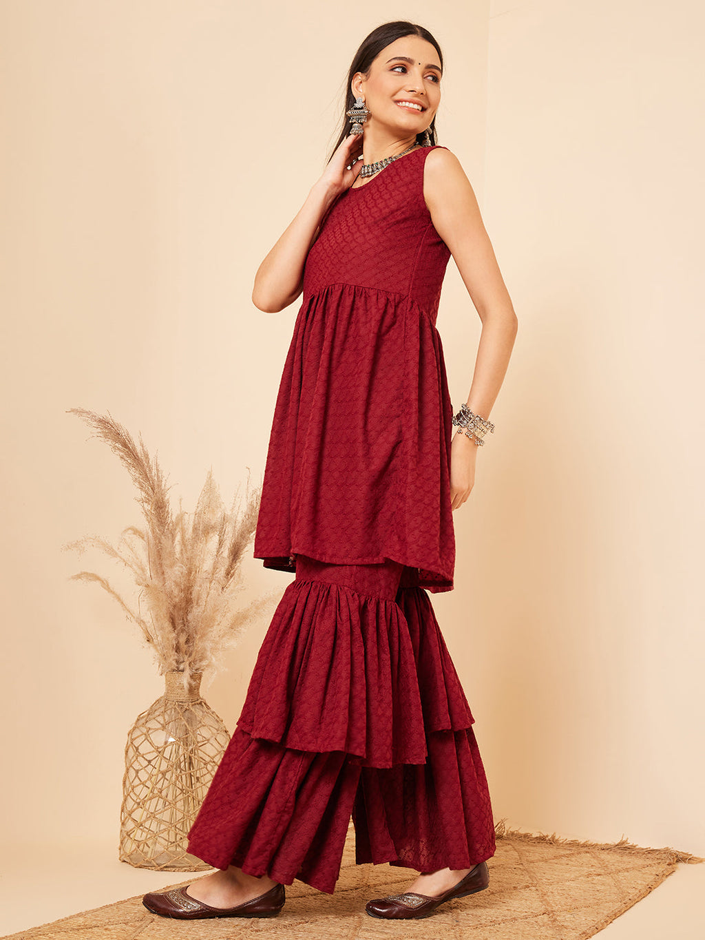 InWeave Women's Carmine Maroon Lace Work Double Layer Sharara Set