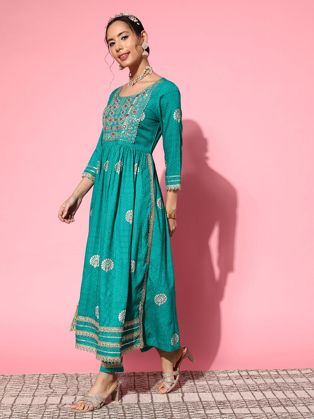 InWeave Women's Teal Nyra Cut Embroidered Kurta Set With Dupatta