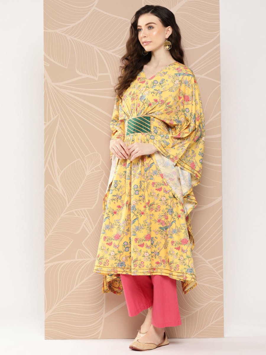 Ahalyaa Women Floral Printed Flared Sleeves Gotta Patti Floral Crepe Kaftan Kurta
