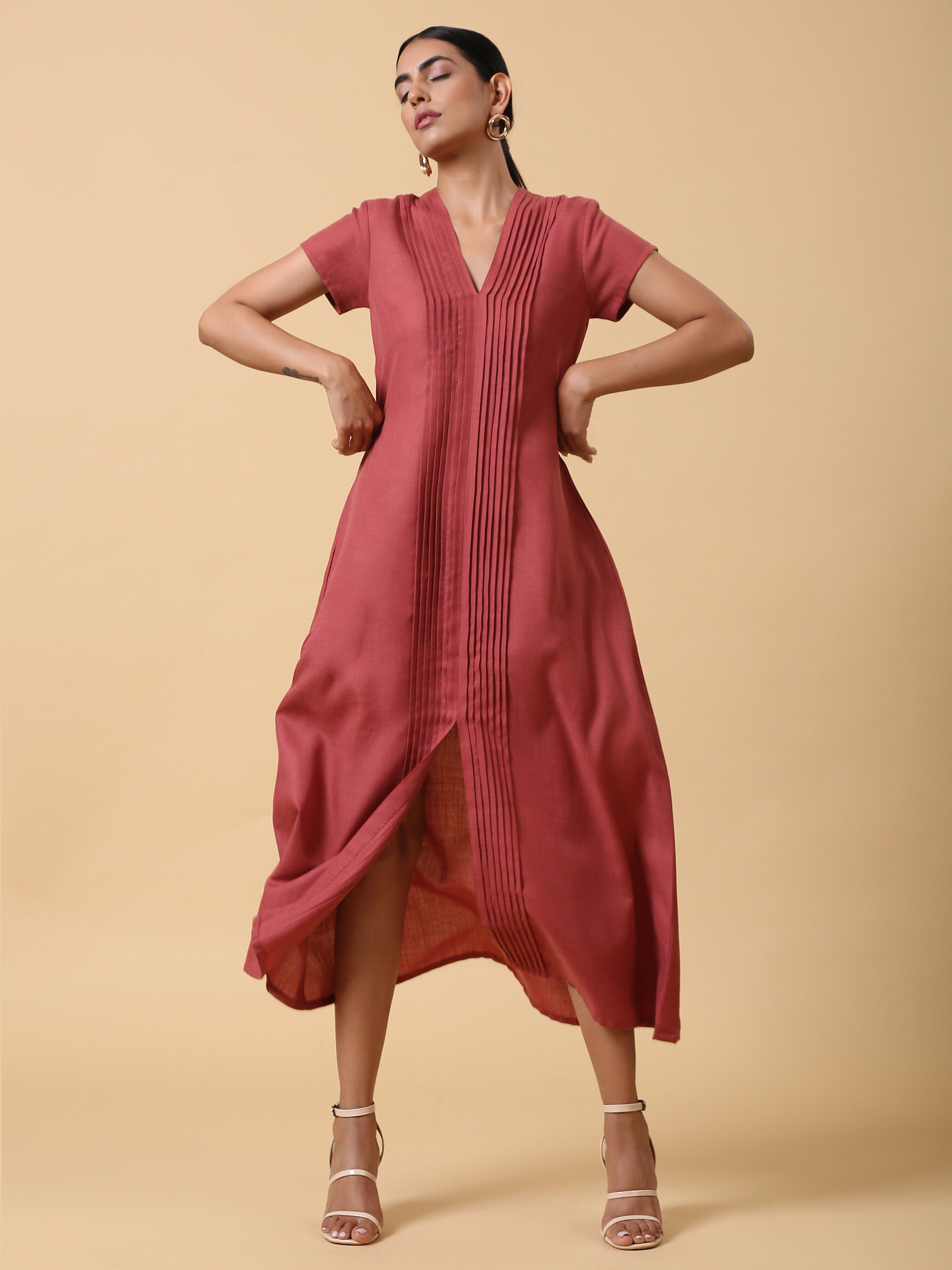 trueBrowns Cotton Linen Rust Red Pleated Dress