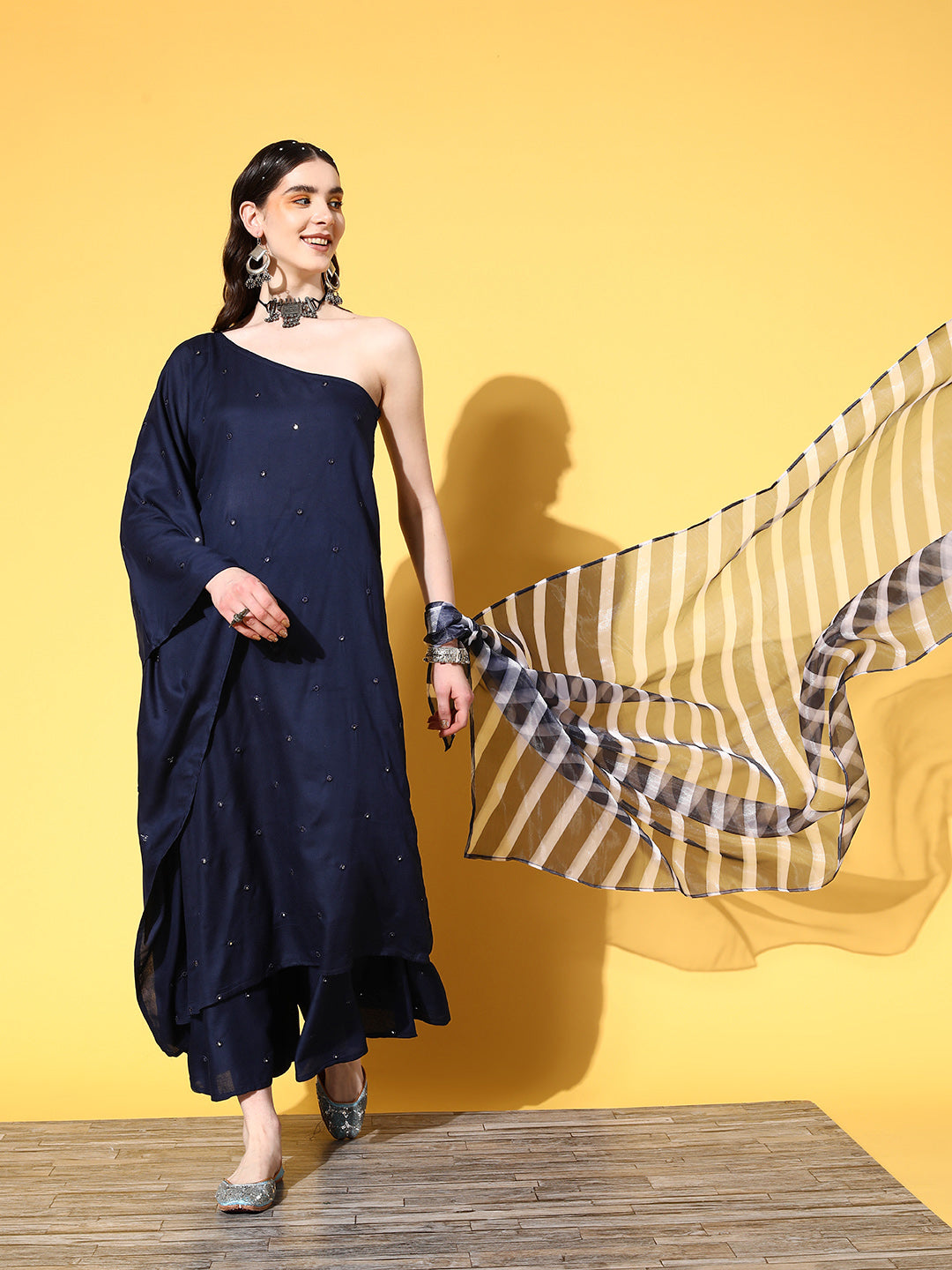 InWeave Women's Navy Mirror Work One Shoulder Kurta Set With Dupatta