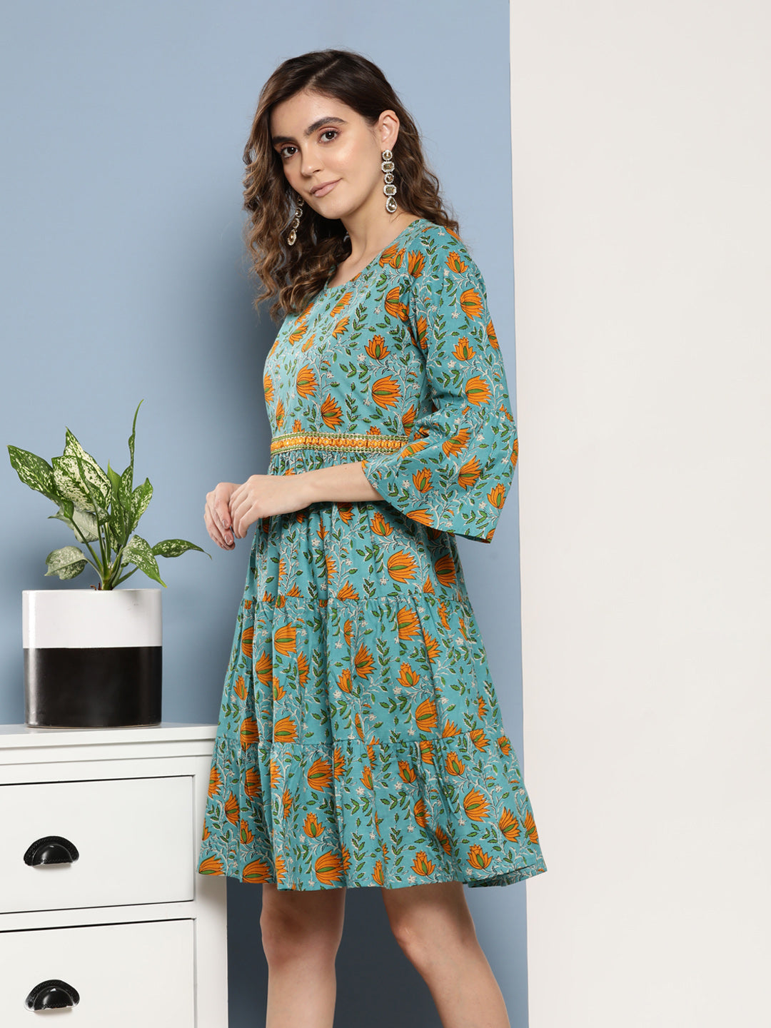 InWeave Women's Blue Mustard Print Short Dress