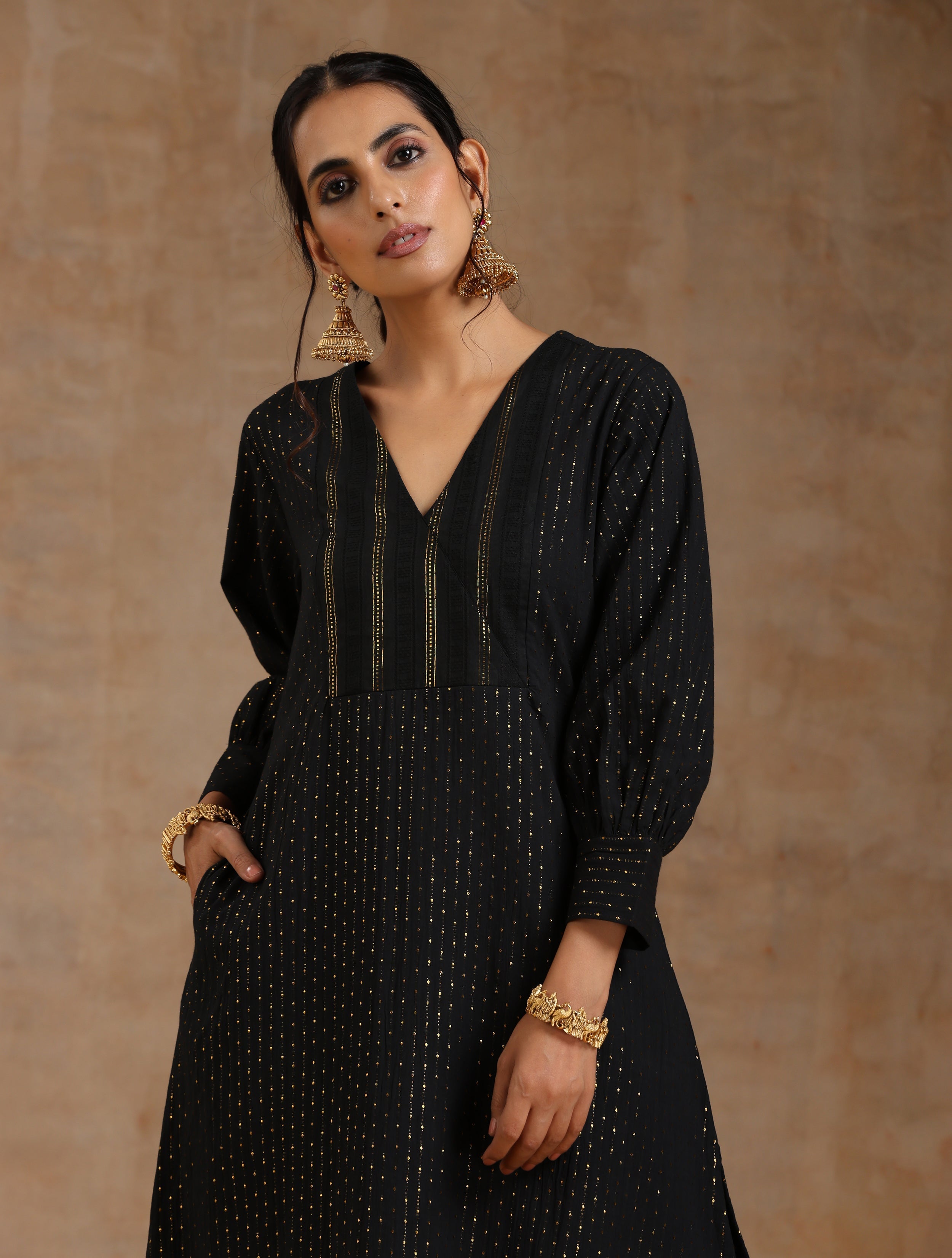 trueBrowns Black Gold Cotton Overlap Yoke Kurta Set