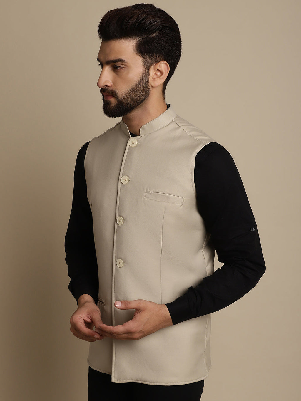 Even Apparels Men's Cream Mandarin Collar Waistcoat
