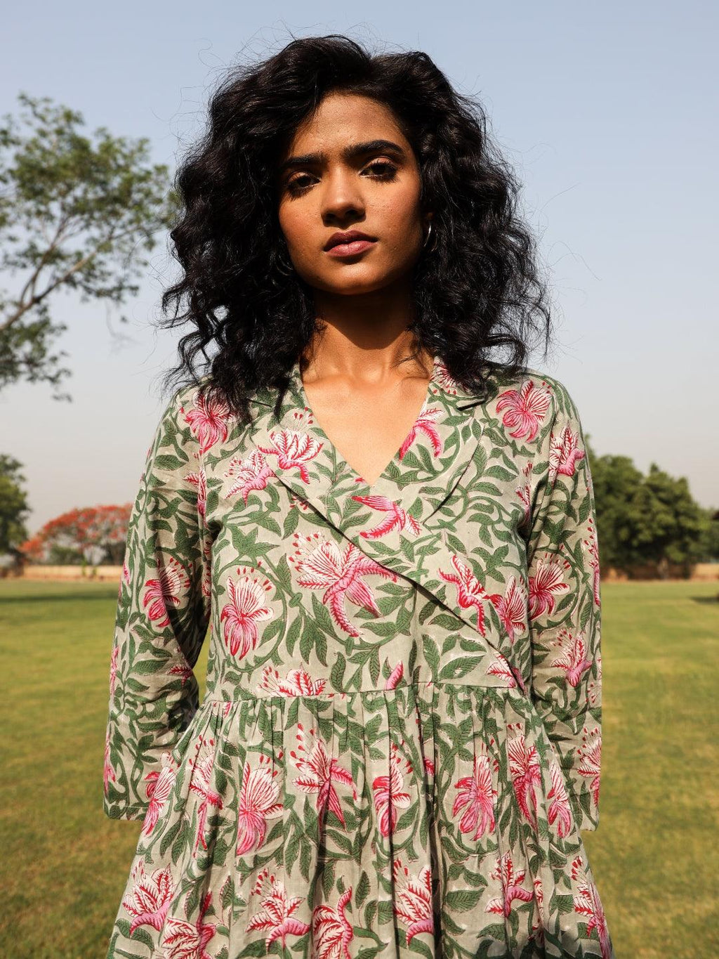trueBrowns Sage Cotton Block Print Lapel Collared Dress