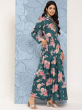 Ahalyaa Floral Print Puff Sleeves Tie-Up Neck Crepe Ethnic Gown With Cut-Out Detail
