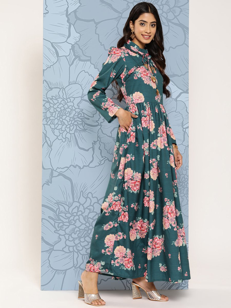 Ahalyaa Floral Print Puff Sleeves Tie-Up Neck Crepe Ethnic Gown With Cut-Out Detail