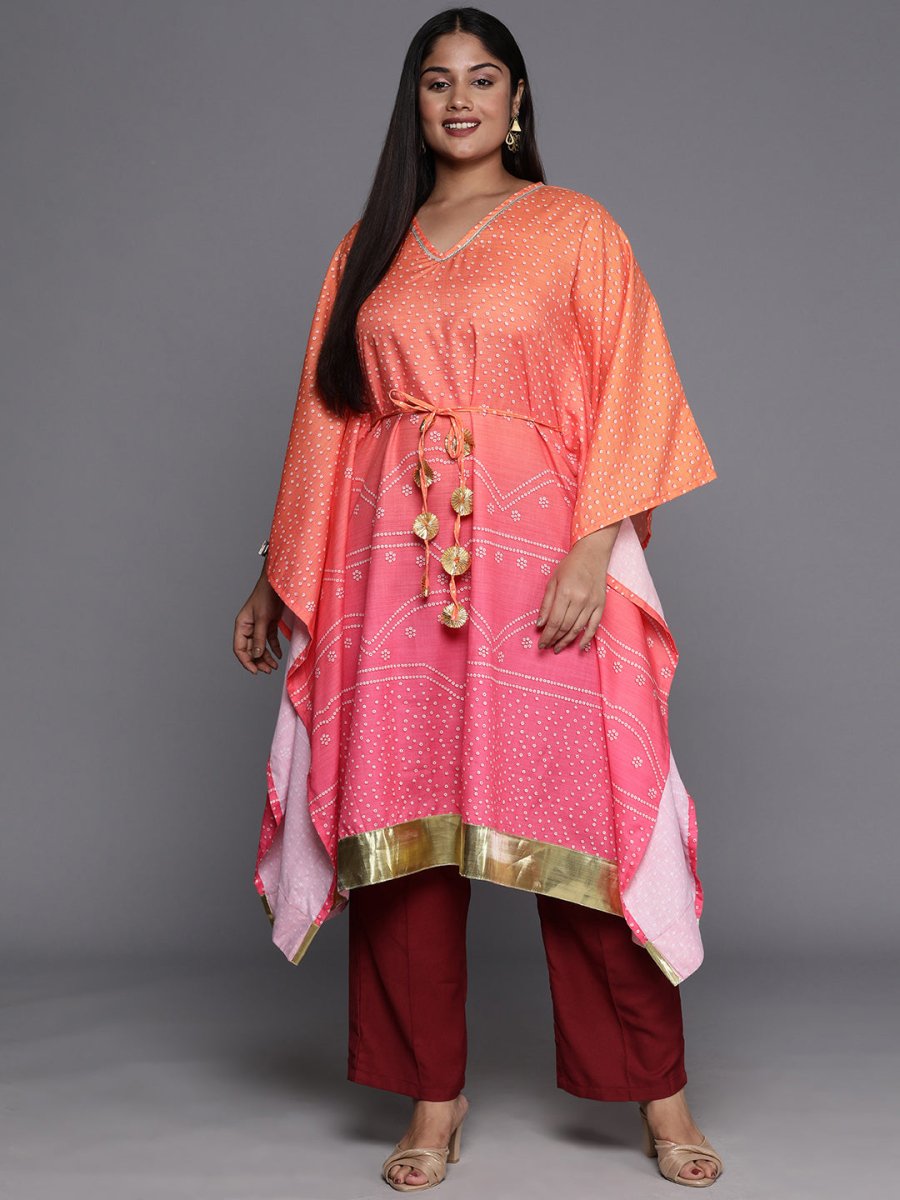 Ahalyaa Plus Size Bandhani Printed Flared Sleeves Gotta Patti Kaftan Kurta
