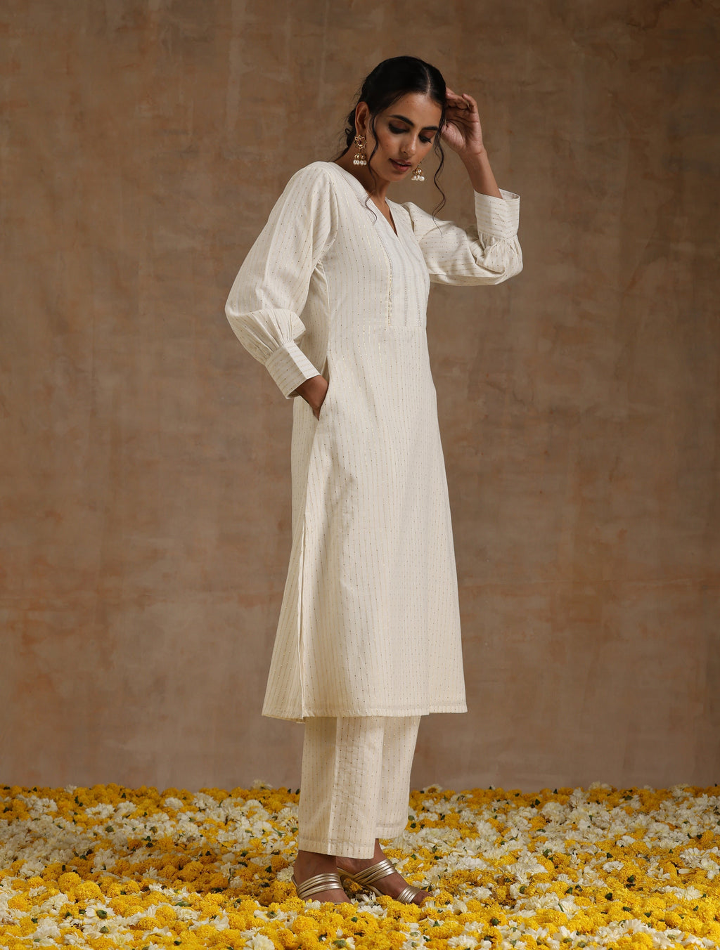 trueBrowns Ivory Gold Cotton Overlap Yoke Kurta Set