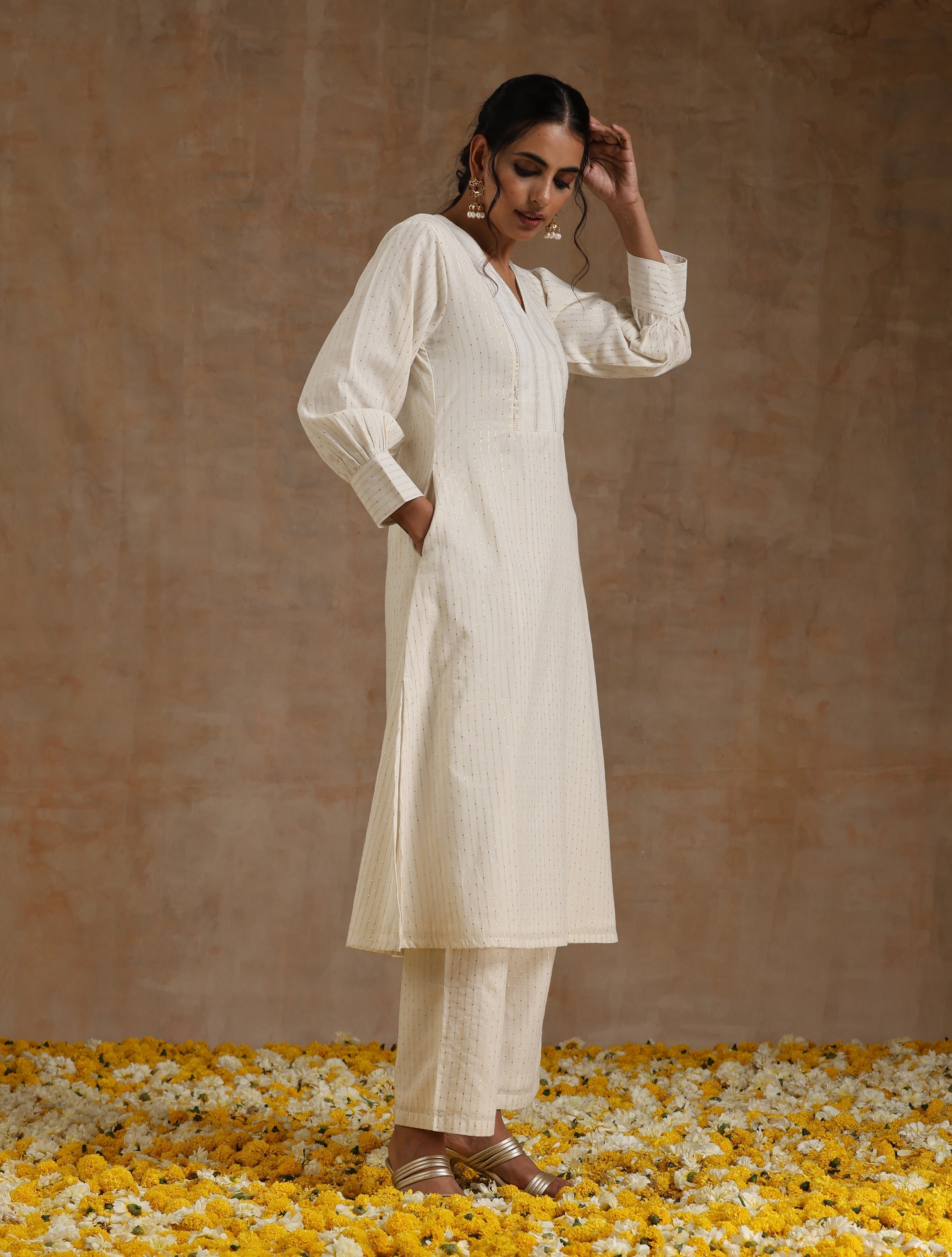 trueBrowns Ivory Gold Cotton Overlap Yoke Kurta Set