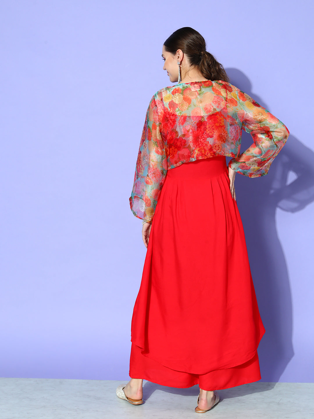 InWeave Women's Red Strappy Set With Green Floral Short Organza Cape