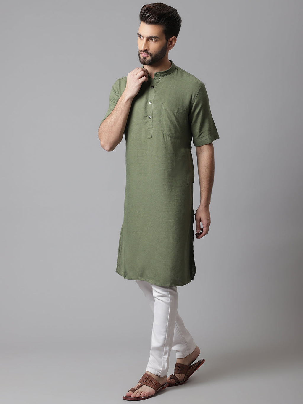 Even Apparels Green Pure Cotton Kurta With Band Collar